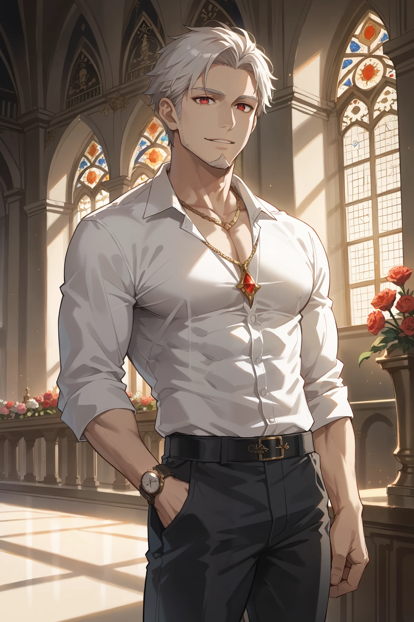 score_9, score_8_up, score_7_up, 1boy, solo, arabic, red eyes, dark grey short haircut, small beard, muscular, white shirt, black pants, necklace, wrist watch, standing, seductive smile, inside a palace, luxury Arabic palace, fire torches, night, starry, open window, curtains, holding a packet of flowers with both hands, happy smiles, dramatic lighting, cinematic shot.