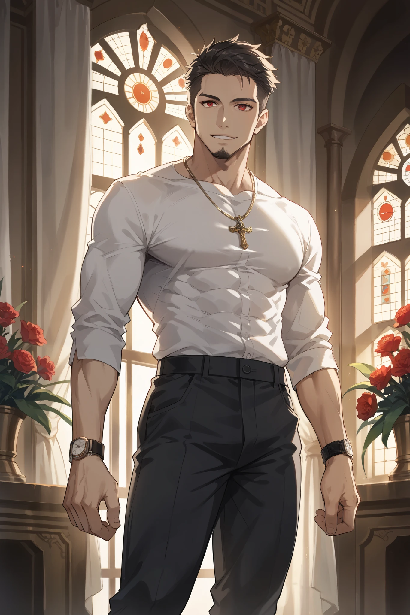 score_9, score_8_up, score_7_up, 1boy, solo, arabic, red eyes, dark grey short haircut, small beard, muscular, white shirt, black pants, necklace, wrist watch, standing, seductive smile, inside a palace, luxury Arabic palace, fire torches, night, starry, open window, curtains, holding a packet of flowers with both hands, happy smiles, dramatic lighting, cinematic shot.