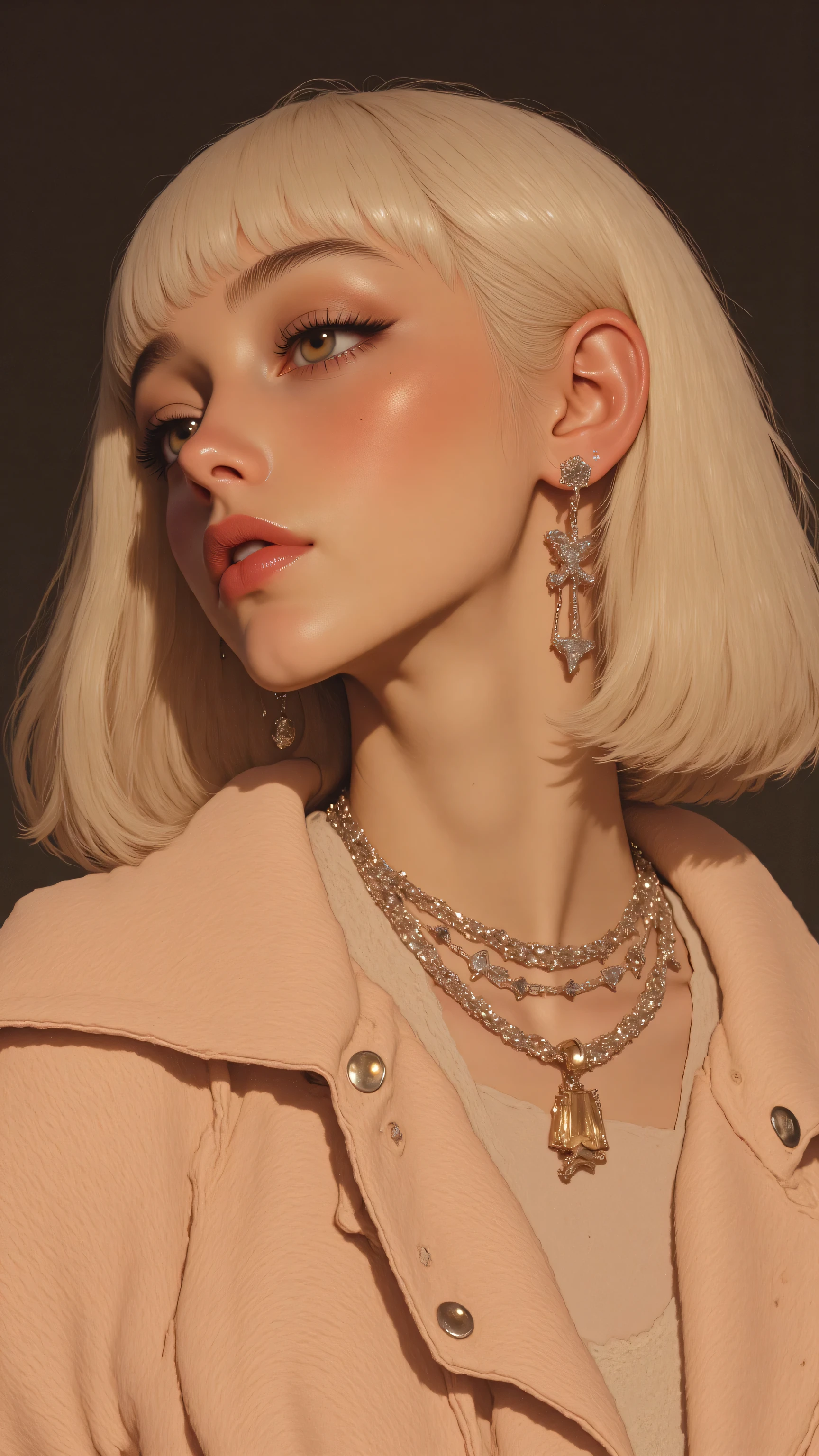 Create a poetic image of a young woman exuding beauty and lewainess, age 20, with blonde hair and bangs. She should wear a peach-colored fur coat over a white top, silver earbuds, and an earring on her left ear that is partially a necklace. Her gaze should be directed slightly to her left, ensuring the overall depiction captures her elegant yet carefree demeanour.