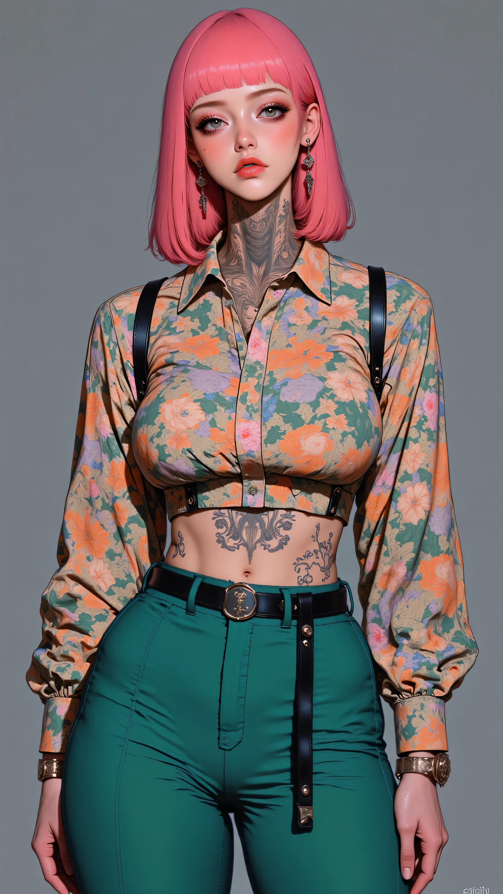 8k, masterpiece, highest quality, Korea's Beautiful Women, Three-quarter view, pink hair, large eyes, defined cheekbones, subtle smile, neck tattoo, floral shirt, teal pants, knee rips, earrings, bracelet, confident pose, hand on hip, muted gray background.