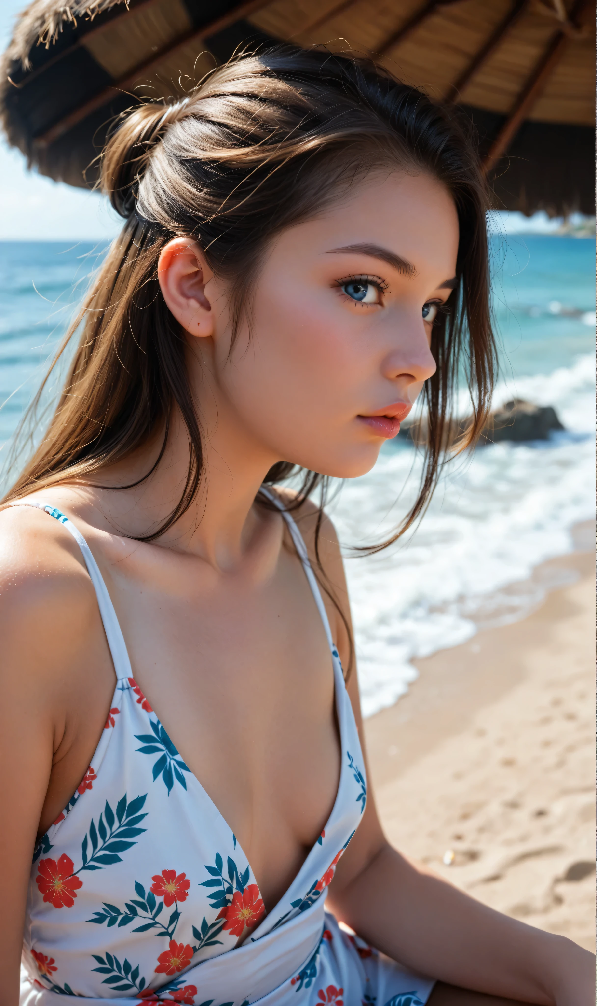 Picture of an adorable 38 year old Japanese girl,small breasts,Natural breasts,wide hips,Thick thighs,wearing a cute plunging mini summer dress,barefoot,perfect feet,perfect toes,black toenail polish,photo shoot at the beach,close-up portrait,profile shot,relaxed pose,pale blue eyes,bow-shaped lips,long luscious hairstyle,(close up portrait:1.3),sitting,hair blowing in wind,sunset,focus on face and breasts,looking at viewer,