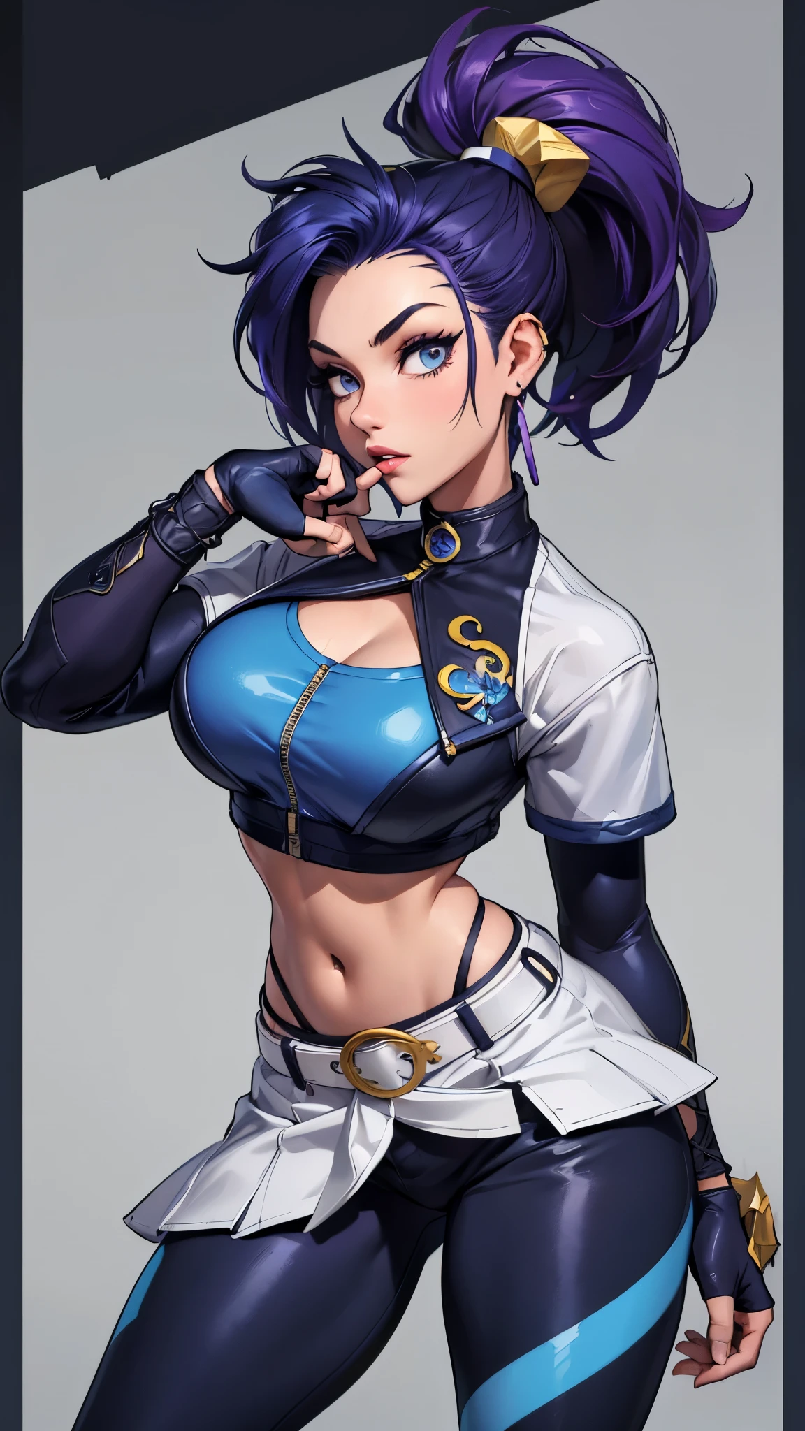 best quality,masterpiece,8potassium wallpaper,absurd, high resolution, Super detailed, (1 beautiful young girl, Solitary:1.1),potassium/and (League of Legends),(Spotassiumull Maspotassium:1.3), Sharp eyes,navel,fingerless gloves, cropped jacpotassiumet,jacpotassiumet, Colorful hair, samurai ponytail (foreign word)belt, earrings, Blonde hair, crop top, diaphragm, apotassiumali, mapotassiumeup,purple hair, open jacpotassiumet,Two-tone hair, Open your clothes, blue eyes, Lips, triangle earrings, belt bucpotassiumle, blacpotassium hair, breast, blacpotassium pants, hoop earrings, permanent, Blue gloves, Blue Hair, zipper,rest