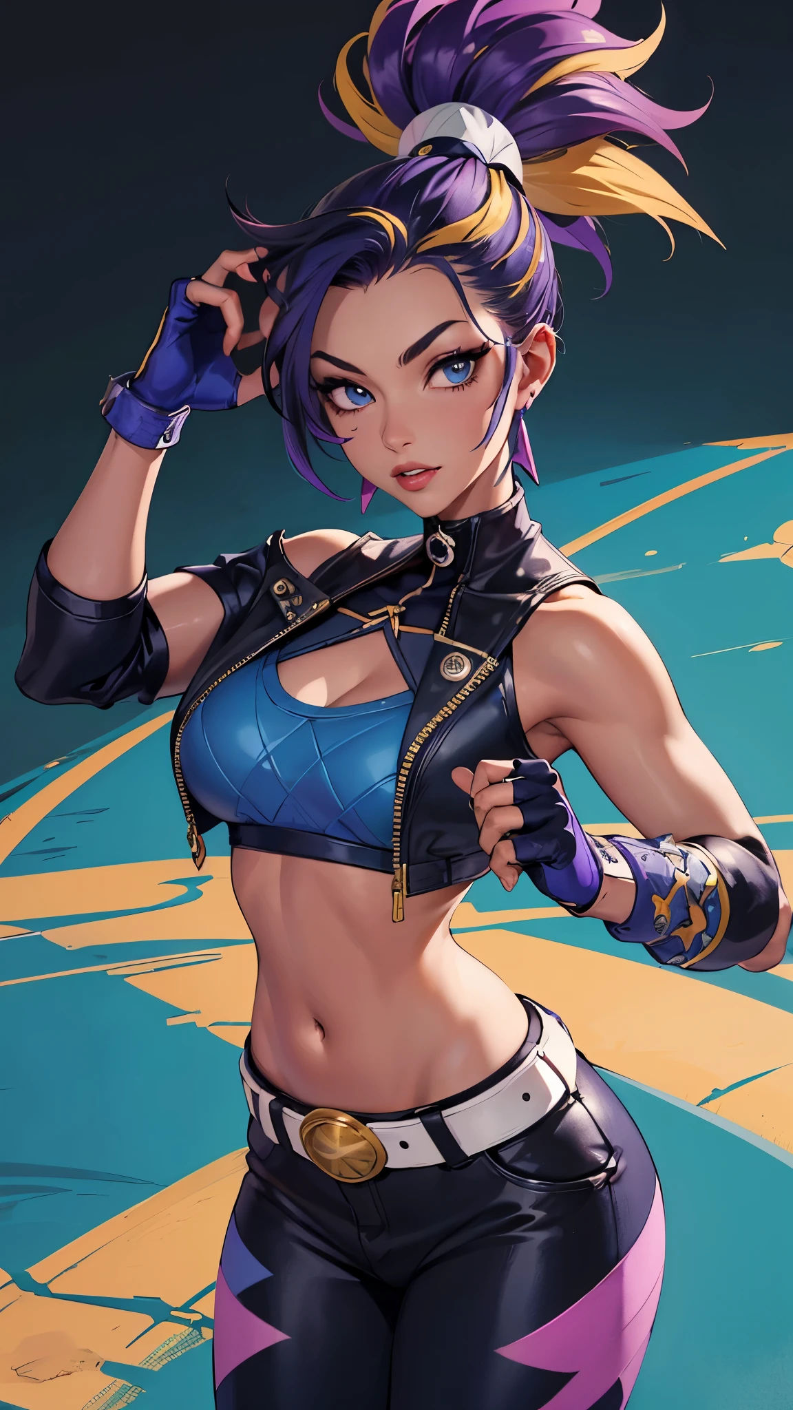 best quality,masterpiece,8potassium wallpaper,absurd, high resolution, Super detailed, (1 beautiful young girl, Solitary:1.1),potassium/and (League of Legends),(Spotassiumull Maspotassium:1.3), Sharp eyes,navel,fingerless gloves, cropped jacpotassiumet,jacpotassiumet, Colorful hair, samurai ponytail (foreign word)belt, earrings, Blonde hair, crop top, diaphragm, apotassiumali, mapotassiumeup,purple hair, open jacpotassiumet,Two-tone hair, Open your clothes, blue eyes, Lips, triangle earrings, belt bucpotassiumle, blacpotassium hair, breast, blacpotassium pants, hoop earrings, permanent, Blue gloves, Blue Hair, zipper,rest