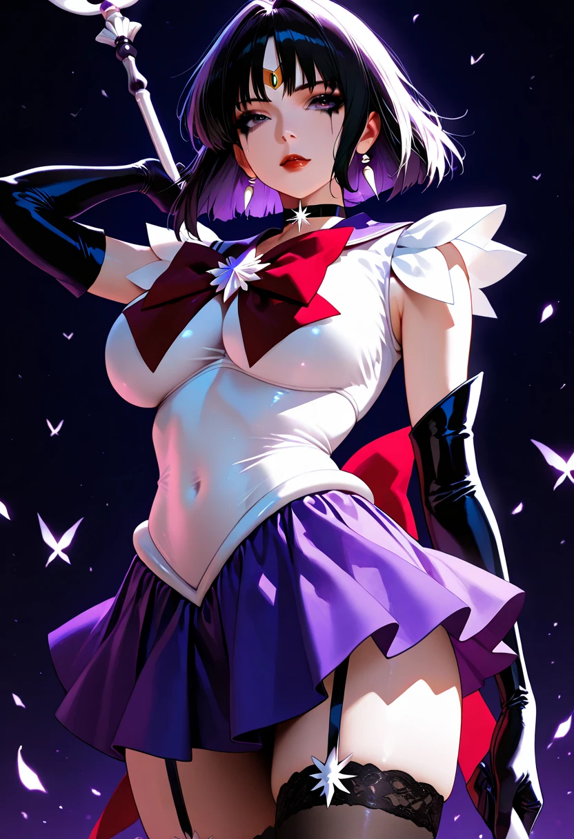 (extremely detailed CG unity 8k wallpaper), (ultra-detailed), masterpiece, best quality, 1girl, starfighter, galaxy background, looking at viewer, cowboy shot, sitting, black boots, black gloves, black shorts, high boots, black top