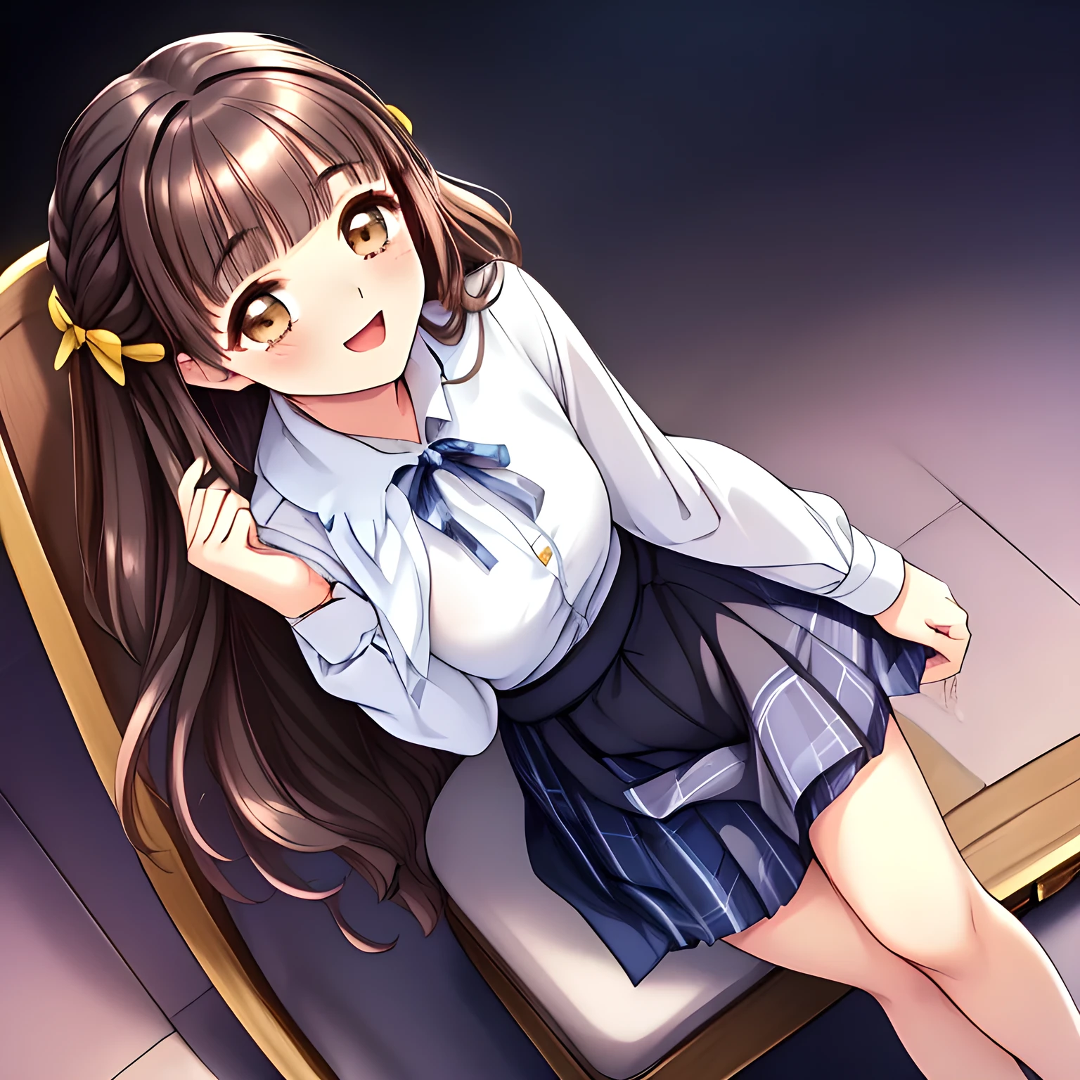 (highest quality, masterpiece:1.2), highest quality, High resolution, 1080p, 8K, solo, (A yo beautiful pretty fashion model succubus is seated on a wooden chair nobly and turning to me, ((laughing at me)), (looking down on me), most beloved girl in the school, (intelligent and perfectly balanced slender style), feeling too funny, amazingly neat & clean, in peace and neat lovely strong charm, cutely tilted head: 1.8), (Too noble beautiful lady like a love-story comic heroine), (laughing like watching a comedy), (showing tongue), A very lovely, very noble, pretty and pure beautiful girls. ((Bursting out Laughing very elegantly)), ((white grown face)), Using expensive whitening cosmetics by cosmetics artist: 1.2), A white face that everyone loves, Glossy lips, (curled) bangs, (Too beautiful blue fascinating shiny (double-lidded) (brown eyes) with love to the viewer, ((deep upper girly eyelid)), laughing with detailed clearly: 1.5), ((amazingly beautiful straight (slightly wavy) long black light hair: 1.5)), (Sailor-style school uniform, (Neat smart (yellow blouse))): 1.8), (A very neat, (tartan-checkered pleated blue skirt with thin fabric belt): 1.2), (too pretty shiny light-yellow realistic school ribbon): 1.5), (Shiny game heroine lips, extremely laughing open mouth: 1.0), (Ribbon in (black hair), long thin braids, The ribbon is big and very pretty), (Tight waist, slender like a beautiful fashion model: 1.5), (The background is (plain black space with lovely heart stars) to emphasize her fascination: 1.8), (The lady knows well about the viewer's super fetishism for school uniforms, and satisfies it completely in the viewer's lewd dream: 1.7), (beautiful neat fascinating cute noble atmosphere in a high school only for beautiful ladies to learn how to be charming: 1.8), (one girl, take a full body shot from her side: 1.2)