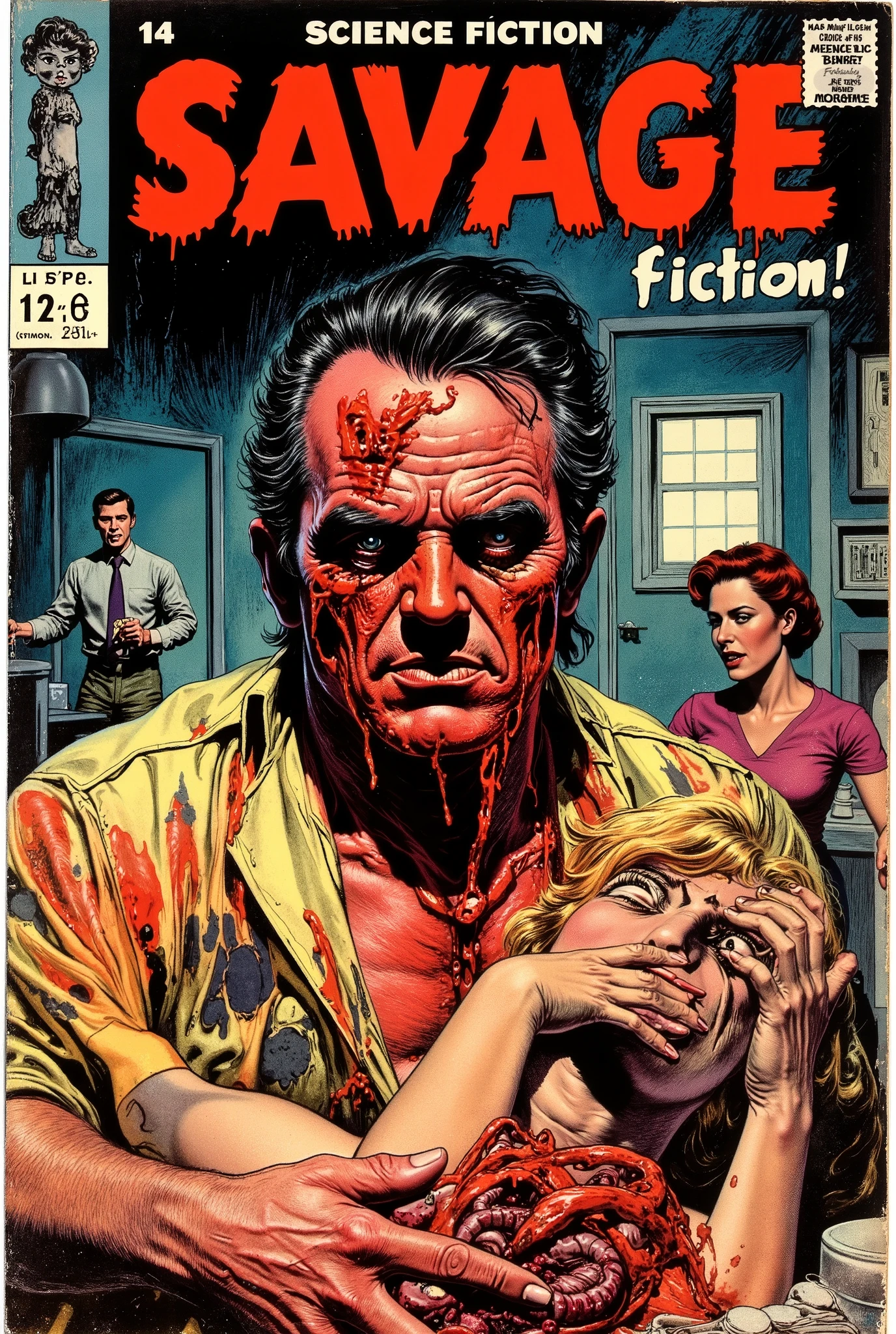 60's horror comic book, "SAVAGE SCIENCE FICTION!"man with melting face, radiation burns, sexually assaulting scared female, terrified blonde covering her mouth as she screams in fear, in secret laboratory, burning the flesh off mad scientist, sucking in his bones and entrails, lurid vivid colors, retro 60s sci-fi horror movie aesthetic, bloody, gory, scary, movie poster vibe, bold colors, detailed, erotic, NSFW, lurid and vivid colors, detailed, intricate, gouache paints, European fumetto style, Frazetta, Mort Künstler, Basil Gogos, Graham "Ghastly" Ingels, volumetric lighting, classic horror comic aesthetic, pages are worn, some rips, collector's item, show price (.25 cents) and publisher logo