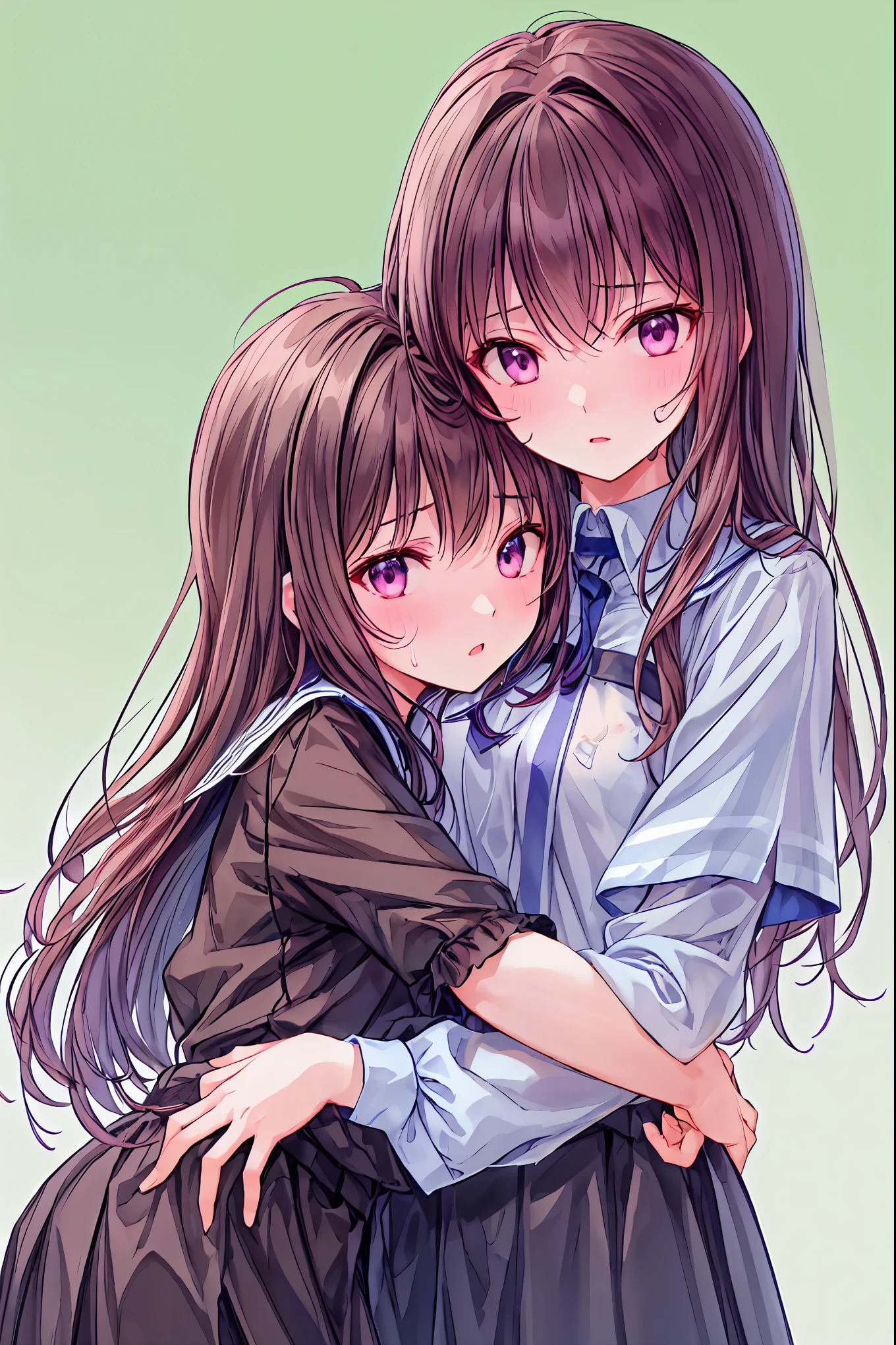 (( top quality)), ( very detailed), ( high definition CG synthesis 8K wallpaper), 高いly detailed, 高い-definition raw colbor photos, professional photography, The Depth of the Written Boundary, hug each other2people Adhesion Sweating beautiful girl dark-haired shoulder out