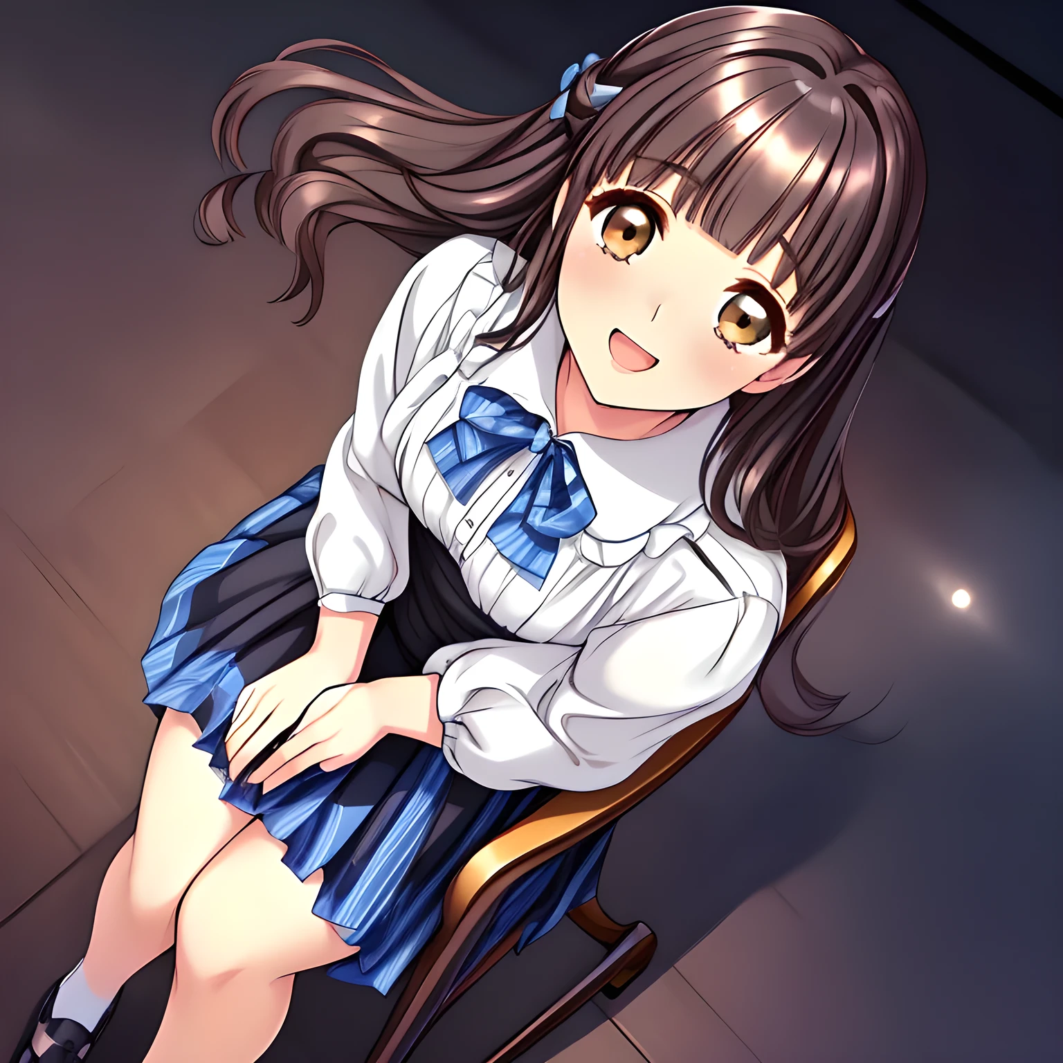 (highest quality, masterpiece:1.2), highest quality, High resolution, 1080p, 8K, solo, (A yo beautiful pretty fashion model succubus is seated on a wooden chair nobly and turning to me, ((laughing at me)), (looking down on me), most beloved girl in the school, (intelligent and perfectly balanced slender style), feeling too funny, amazingly neat & clean, in peace and neat lovely strong charm, cutely tilted head: 1.8), (Too noble beautiful lady like a love-story comic heroine), (laughing like watching a comedy), (showing a long lewd tongue), A very lovely, very noble, pretty and pure beautiful girls. ((Bursting out Laughing very elegantly)), ((white grown face)), Using expensive whitening cosmetics by cosmetics artist: 1.2), A white face that everyone loves, Glossy lips, (curled) bangs, (Too beautiful blue fascinating shiny (double-lidded) (brown eyes) with love to the viewer, ((deep upper girly eyelid)), laughing with detailed clearly: 1.5), ((amazingly beautiful straight (slightly wavy) long black light hair: 1.5)), (Sailor-style school uniform, (Neat smart (yellow blouse))): 1.8), (A very neat, (tartan-checkered pleated blue skirt with thin fabric belt): 1.2), (too pretty shiny light-yellow realistic school ribbon): 1.5), (Shiny game heroine lips, extremely laughing open mouth: 1.0), (Ribbon in (black hair), long thin braids, The ribbon is big and very pretty), (Tight waist, slender like a beautiful fashion model: 1.5), (The background is (plain black space with lovely heart stars) to emphasize her fascination: 1.8), (The lady knows well about the viewer's super fetishism for school uniforms, and satisfies it completely in the viewer's lewd dream: 1.7), (beautiful neat fascinating cute noble atmosphere in a high school only for beautiful ladies to learn how to be charming: 1.8), (one girl, take a full body shot: 1.2)