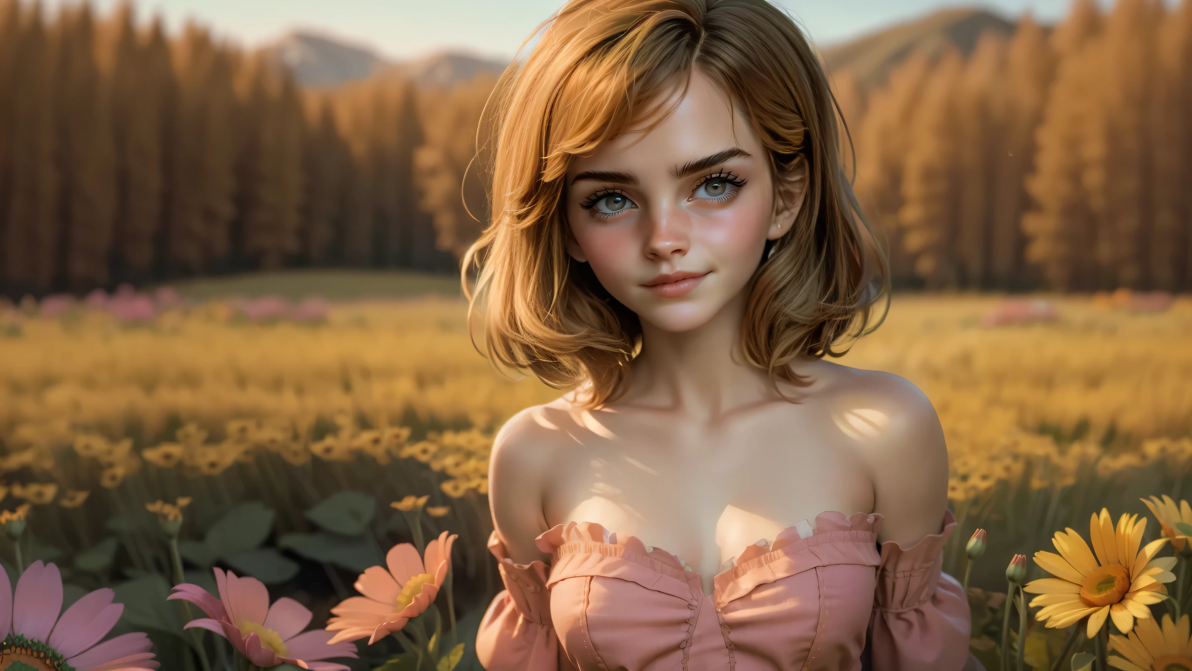 1girl, solo, (cute girl, young girl), (15yo), Hermione Granger in the 1960's, ((beautiful face)), glasses, ((green eyes)), ((round )), ((cleavage)), ((hard )), upper body, slim waist, ((standing upright in a field of colorful wildflowers)), (( pose, face)), bangs, dark hair, messy hair, cleavage, navel, ((off shoulder blouse)), ((strapless blouse)), smile, , field of wildflowers background,