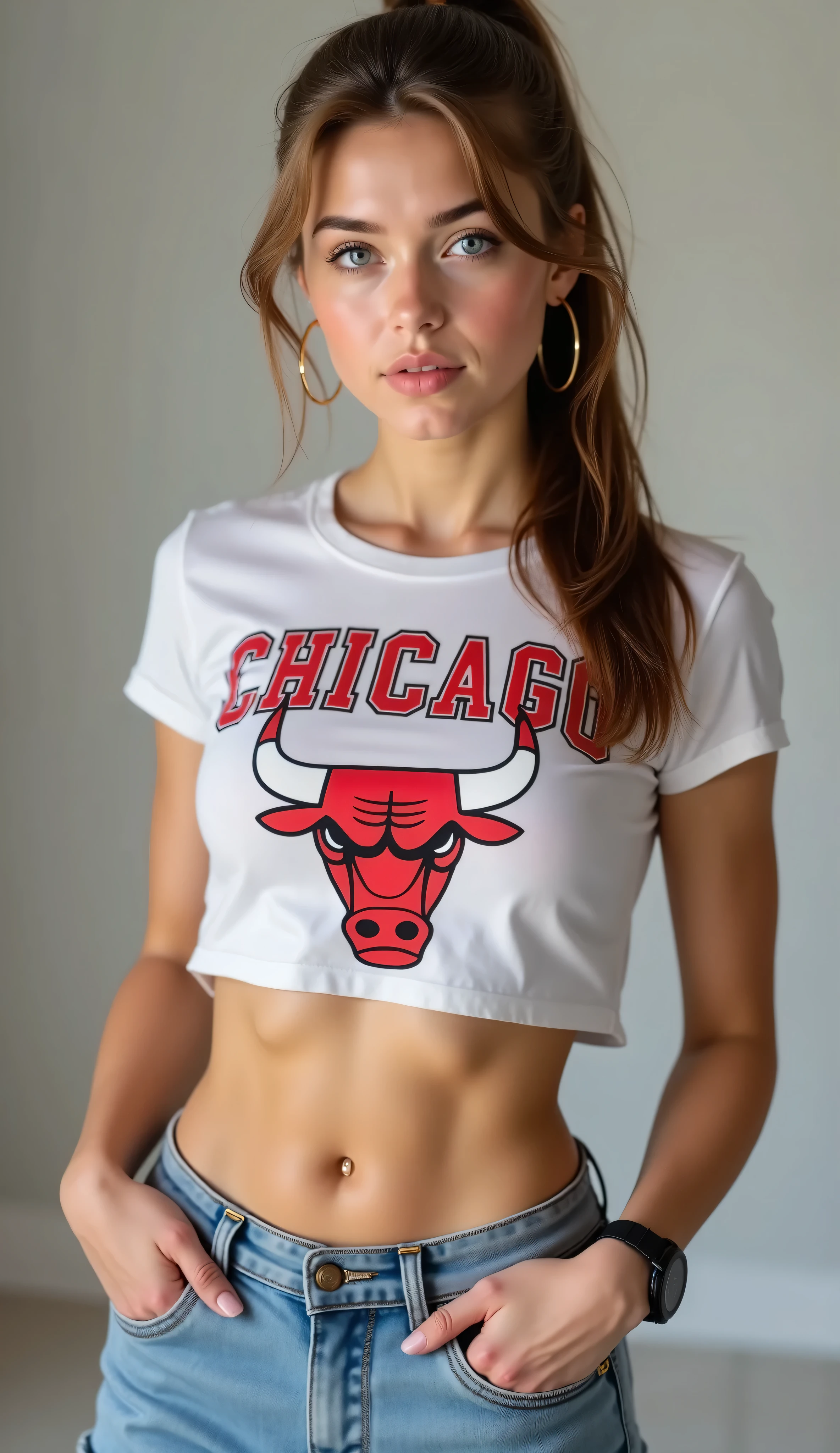 my, ( masterpiece striped sweater,  high quality,  high resolution ,  photorealistic , photographie), Beautiful student , white skin,  athletic body , yeux bleu clair,  ponytail with locks falling on her face .  90-degree lateral angle looking over her shoulders, elle porte un t-shirt des Chicago Bulls, short en jean, des baskets Nike. details:  shows her arm , grands anneaux d'oreilles en or
