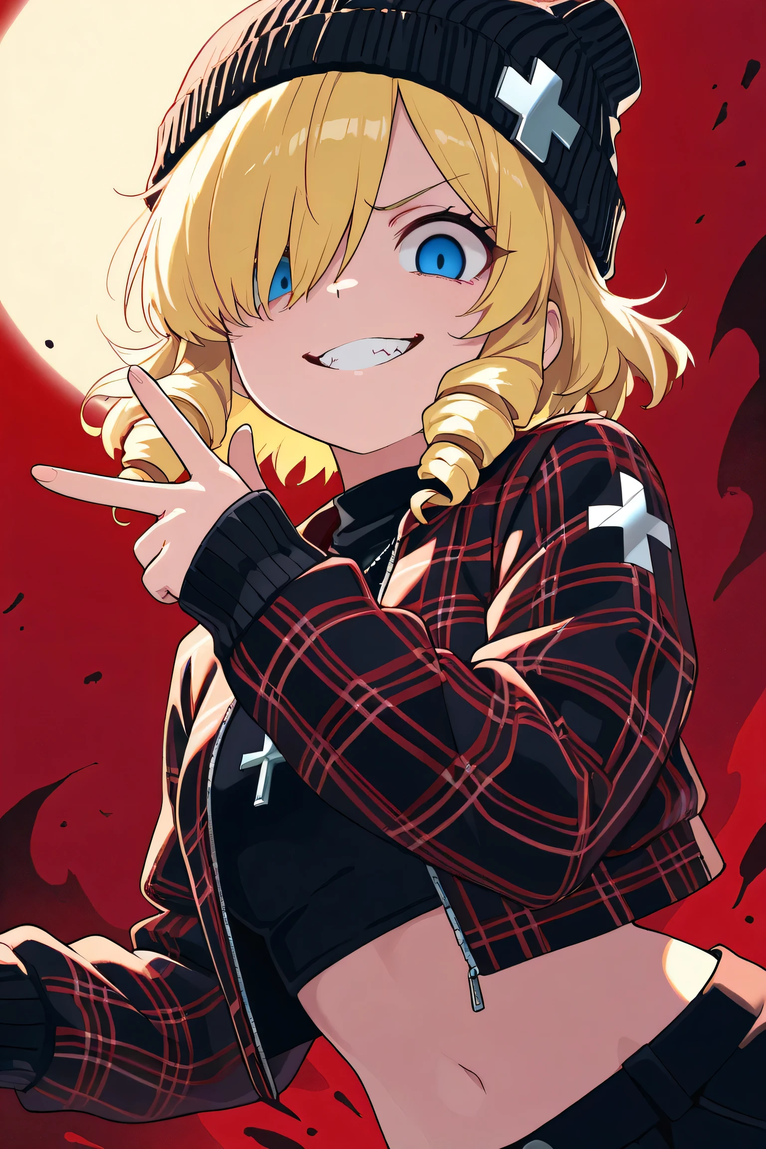 (score_9, score_8_up, score_7_up), ultra-detailed, detailed face, focus on upper body, dynamic angle, dutch angle shot, (looking at viewer), 

Solo, a girl, grinning, evil smiling, Knitted hat, blonde, short hair, drill hair, drill sidelocks, hair over one eye, blue eyes, slant eyes, narrow eyes, gothic punk jacket, red and black plaid jacket, cropped jacket, open jacket, sleeves past wrists, silver cross necklace, w, hiphop pose, 

BREAK, 
hiphop color background, anime, illustration, masterpiece, best quality, detailed, mystical atmosphere, pastel academia, soft-edged, soft surface, backlighting, moon light, moody lighting, underlighting, sharp shadows, fast shutter speed, 2D Anime, Best Hands, Best Hand, 135mm, F4.0, SONY FE GM, best hand