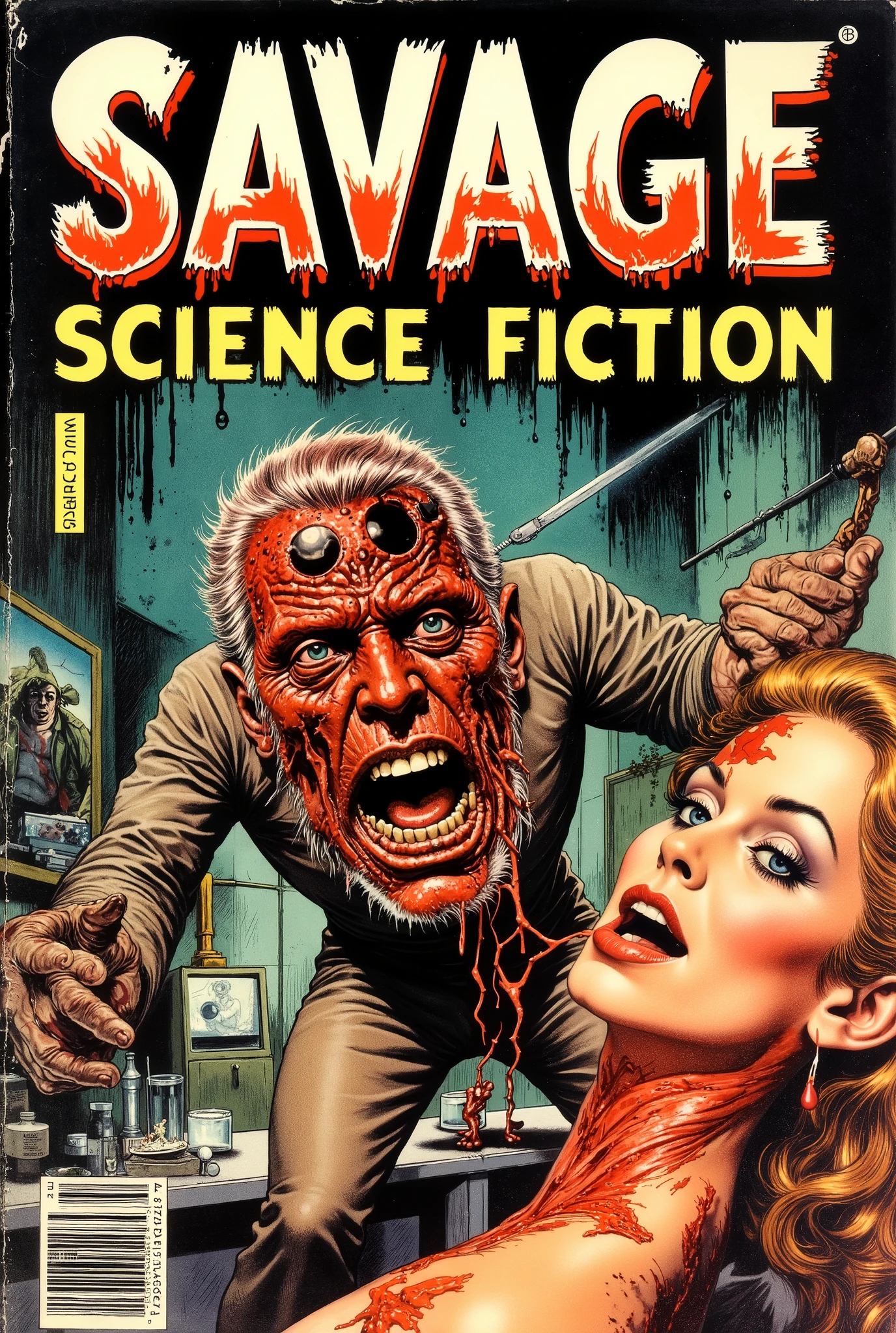 60's horror comic book, "SAVAGE SCIENCE FICTION!"man with melting face, radiation burns, sexually assaulting scared female, terrified blonde covering her mouth as she screams in fear, in secret laboratory, burning the flesh off mad scientist, sucking in his bones and entrails, lurid vivid colors, retro 60s sci-fi horror movie aesthetic, bloody, gory, scary, movie poster vibe, bold colors, detailed, erotic, NSFW, lurid and vivid colors, detailed, intricate, gouache paints, European fumetto style, Frazetta, Mort Künstler, Basil Gogos, Graham "Ghastly" Ingels, volumetric lighting, classic horror comic aesthetic, pages are worn, some rips, collector's item, show price (.25 cents) and publisher logo