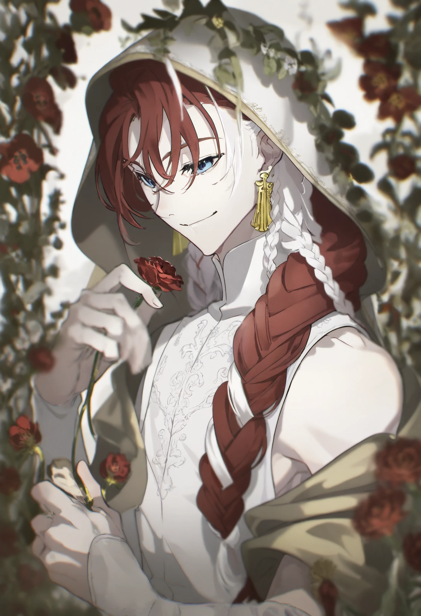 flower, is unique, White hair, Pale Skin, Hold, Hold flower, braid, Red Brown Hair , Sleeveless, earrings, long hair, Jewelry, upper body, blurry, Hair Over Shoulder , blue eyes, male focus , Bare shoulders , Priest Dress ,tie,shawl, red flower, 1 boy , white dress , ear puncture, Depth of Field, puncture ,Higan,hood, European classical style,A charming smile,Juvenile r