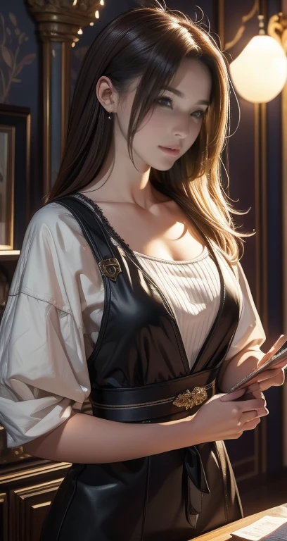 (masterpiece, best quality), Sexy female secretary wearing revealing clothing,Big eyes and big ears,Immersed in a medieval fantasy world:1.0、 (Lie down at the bar:1.1), High forehead, Long hair without bangs tied into a ponytail:1.0, harem, night, Detailed aspects, seduce 、Large Breasts:1.1、(Expose breasts1.0),
full-body shot:1.7 Wear round black-rimmed glasses:1.3
(Wearing bright and sexy clothing:1.3)
(The clothes are very sexy,Show sexy waist:1.6)
blond:1.7
(Shy expression:1.6)
(Pulling hair:1.3)
Necklace:1.6 Show armpits:0.5 Beautiful Legs:1.2. bangs hanging down:1.2
