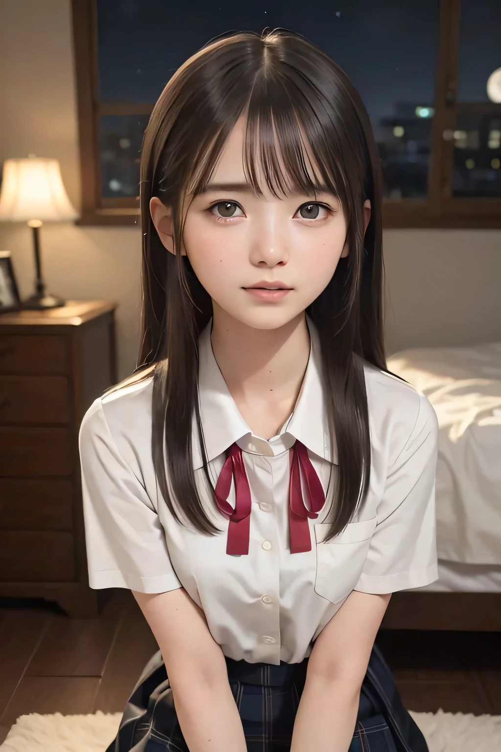 (masterpiece, Best Quality, 8K,Raw photo, High resolution:1.5), (1 girl, upper body, kneeling on the floor, Restrained girl, a girl is crying, arms behind back:1.6), (crying, sobbing, tearing, tearful, full-face blush, embarrassed, shyness), (dark background, night, indoor, moon light, bedroom, double bed:1.8), (Candid, Sophisticated, Thin arms, Narrow waist, Slim body, Slender girl:1.7), (Bokeh:1.7), (cleavage, small breasts:1.5), Beauty, (taken off shirt, Unbuttoned shirt, naked open shirt, vest, school uniform vest with red ribbon, short sleeve shirt, Pleated miniskirt, slave metal collar, chained handcuff:1.9), (short two braids hair, black eyes:1.8), (forehead:1.2), japanese