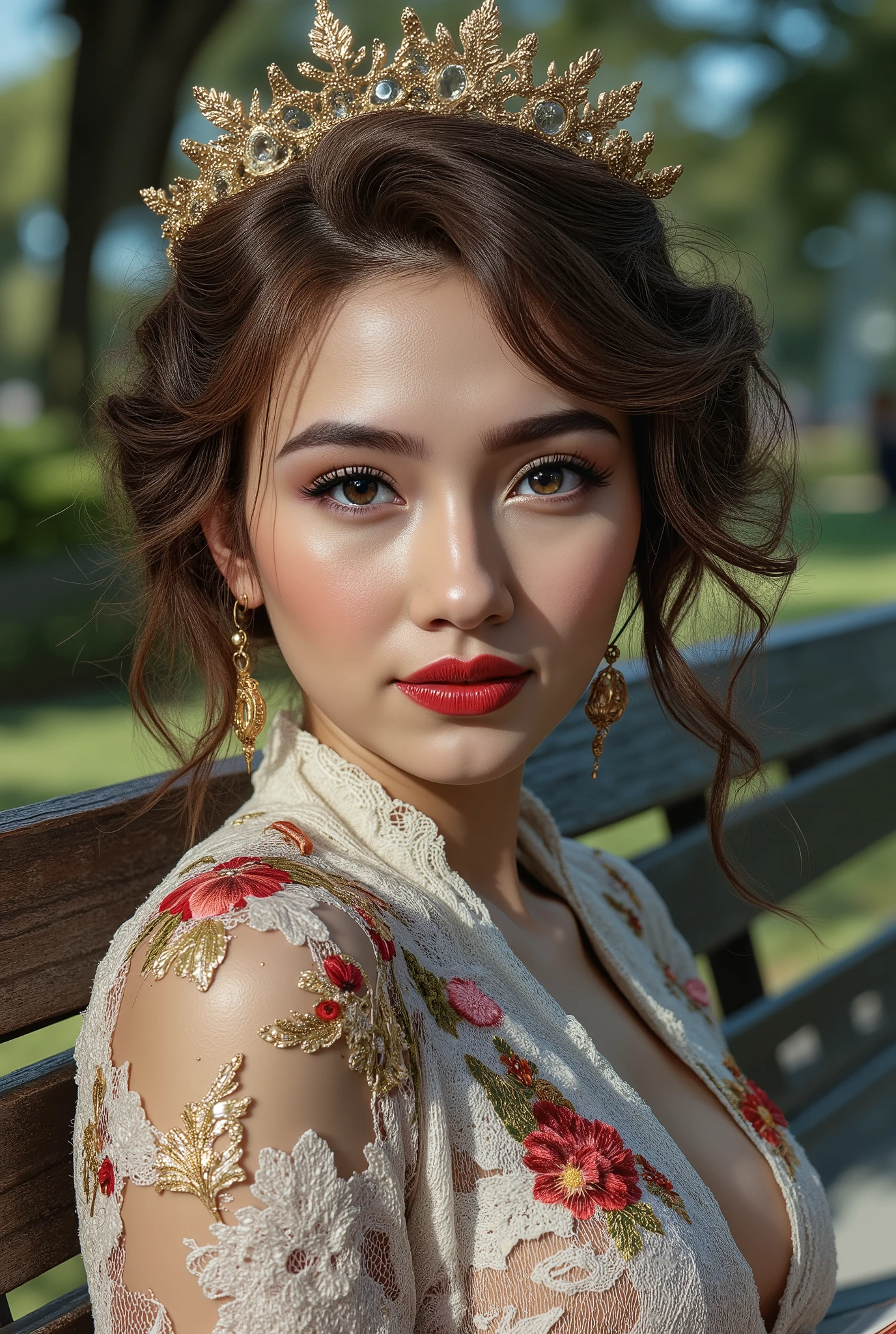 Realistic ((Photorealistic realism)), Hyper high resolution, ((Hyper insanel quality, epice masterciece, intricately detailed digital art)),((focus on extremely Realistic Proportion Body:1.3),"Portrait of {a woman, wearing a dress, sits on a park bench, reading a book}."side view,
(ultra realistic texture details: velvety skin, hair), ((sharp focus, no blurry eyes, Hyper absurd quality, Hyper details, Hyper realistic brown_eyes:1.4)),((extra narrow eyebrows)),(Carefully draw Long blue_mascara:1.12),(perfect round eyes), (finely detailed pupils, (extremely fine details pupils)), detailed lips:1.3, (apply glossy red_lipstick:1.23), (perfect proportions:1.2), ((White tight Dress made of lace fishnet:1.22), (Dolce & Gabbana, Floral style:1.23)), (elegant fashion, intricate details:1.2), ((clothes made of silk and flower), (Wearing tight fitting dresses)), ((Ruffled Black Gothic Skirt) (Intricately details multi-layer, lace with fishnets:1.25), (golden lace-up:1.33)), dslr, high quality split lighting, sharp focus captured by Fujifilm XT3, f 5.6,(perfect composition),((look at the viewer)), HDR, UHD, studio lighting, physically-based rendering, vivid colors,
