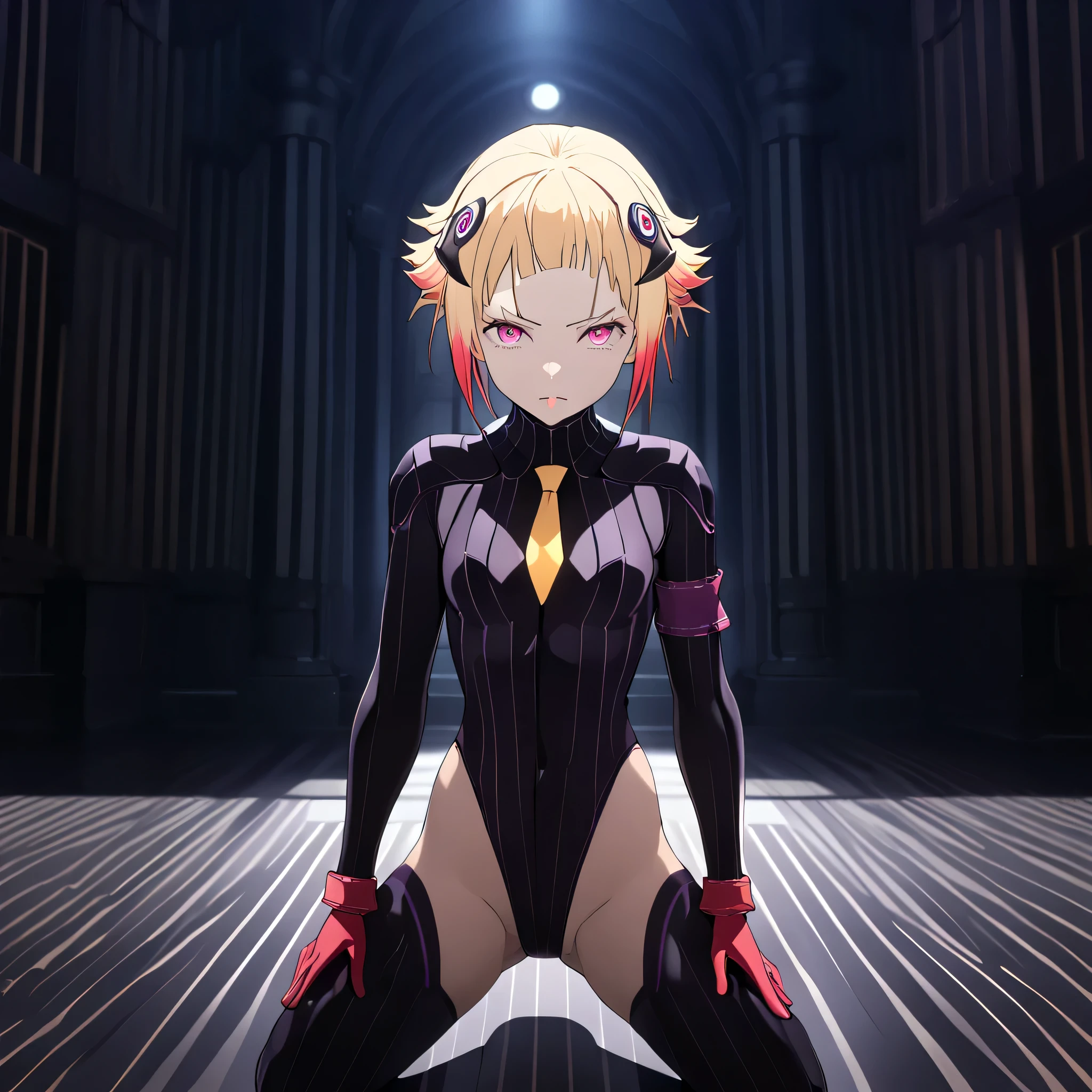 anime, (masterpiece), (best quality), (ultra-detailed), (best illustration), (best shadow), (absurdres), (detailed background), (very aesthetic), shiny, detailed beautiful eyes, outstanding, countershading, detailed soft lighting, an exquisite animation illustration, 1girl, solo, anheang, Dollsuit, thighthigh, dark persona, empty eyes, expressionless, blank eyes, looking at viewer, red gloves, yellow necktie, full body, emotionless, Fighting Stance, hair ornament, submissive pose, seductive pose, small breast, capella emerada lugunica, short hair, blonde hair, pink eyes, multicolored hair, gradient hair, tongue out,