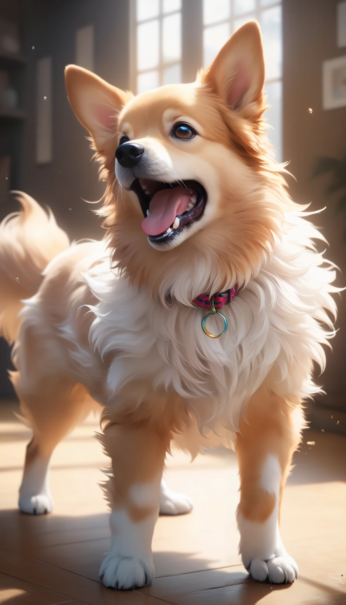Cute dog,  Dynamic Action Poses ,  cute detailed fur textures , Playful expressions ,  vibrant colors,  natural light, Realistic, 8k,  top quality, ( Masterpiece:1.2),  super detailed, ( by Nomi:1.37)