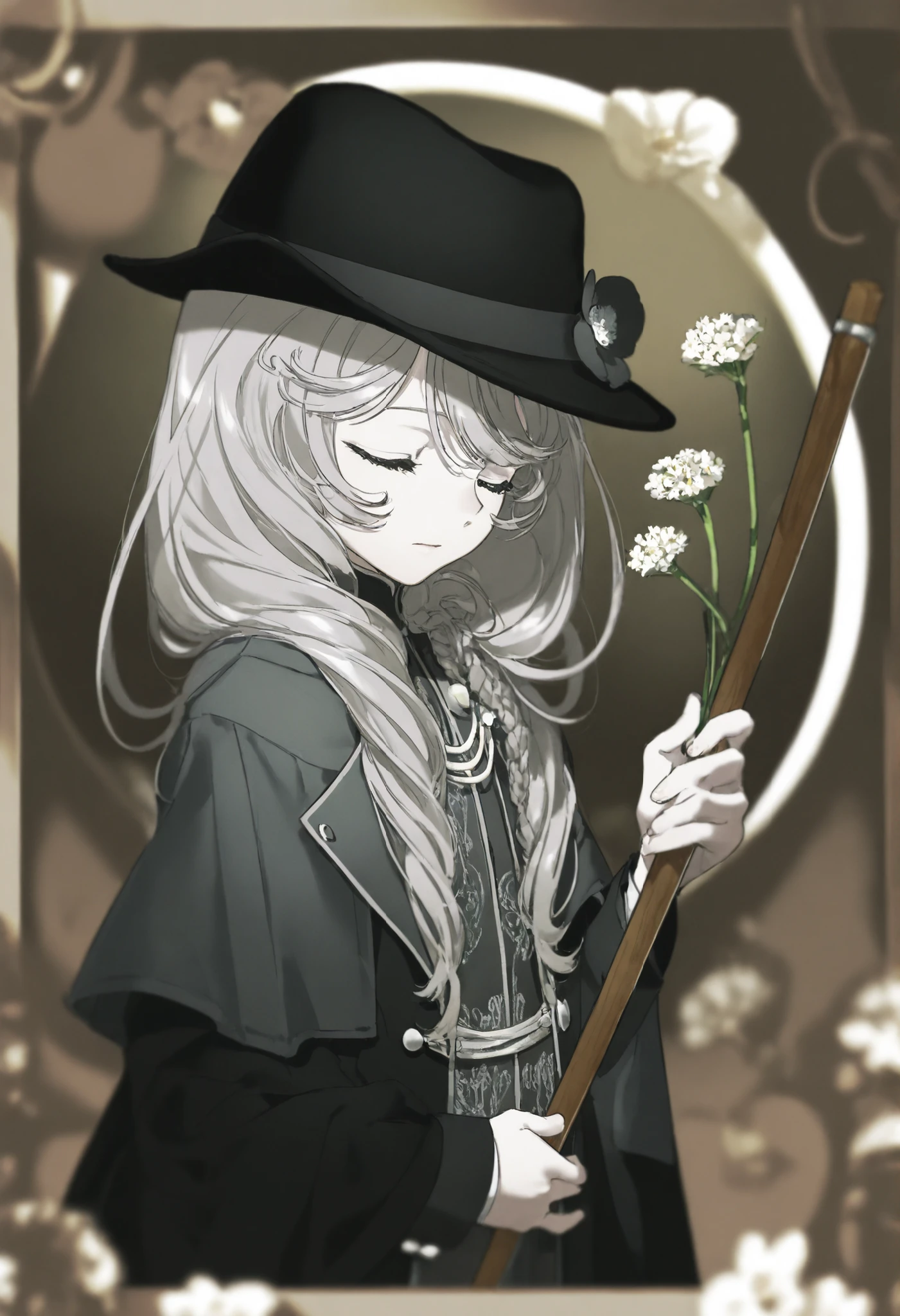 flower,Young，Girl Detective ， solo,  Pale Skin, Hold, Hold flower,,  long hair, Jewelry,  upper body,  blurry, Hair Over Shoulder , Gray shoulder-length hair，麻flower辫， long grey hair ，Tuxedo， European classical style， black hat ， closed eyes ，Walking stick ，ripple， girl，Open black coat ，白flower，梨flower