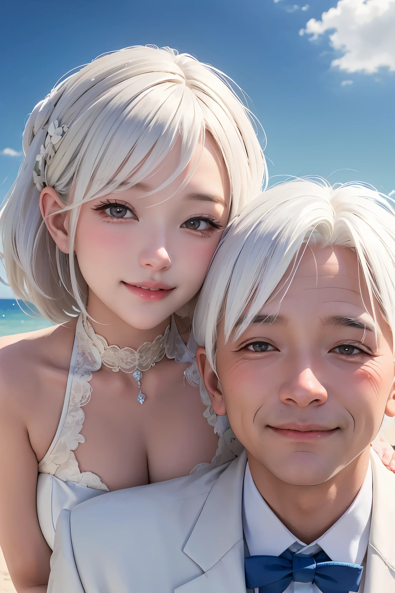 undefineddouble expose. an old couple with white hair sitting under the sky, lying head on shoulder. in the sky, a close up young couple in wedding outfits smiling at each other
