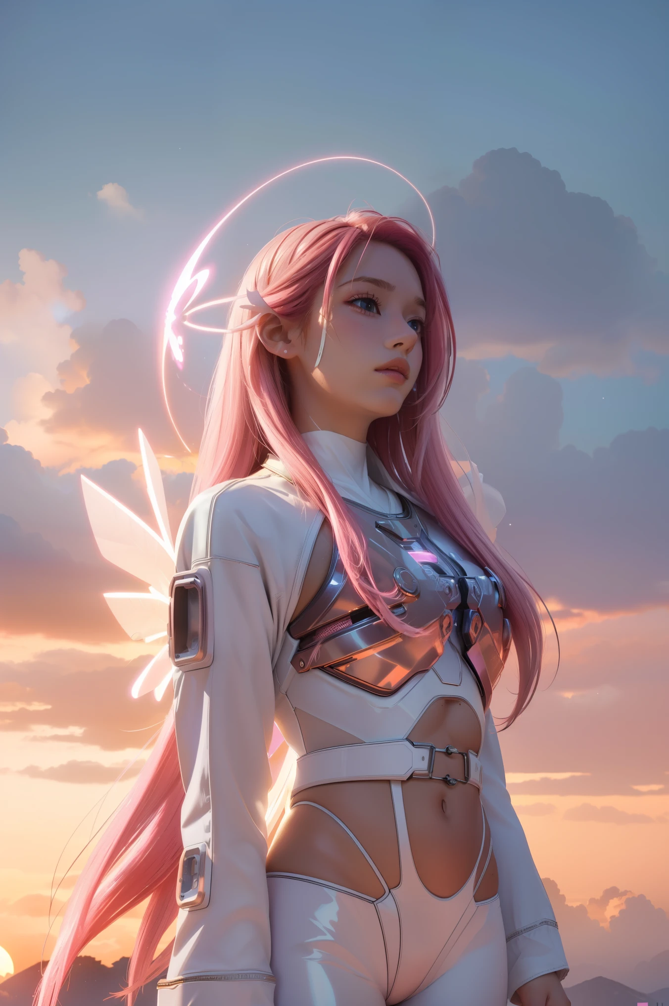 ((masterpiece, best quality, extremely detailed), volumetric lighting, ambient occlusion, colorful, glowing), 
1girl, solo, young girl, (pink hair), long hair, halo, aura, sacred, godness, cyber suit, (white outfit:1.3), android, bot, angel wings,
outdoors, sunset, sky, clouds, space, (cyberpunk theme:1.2),