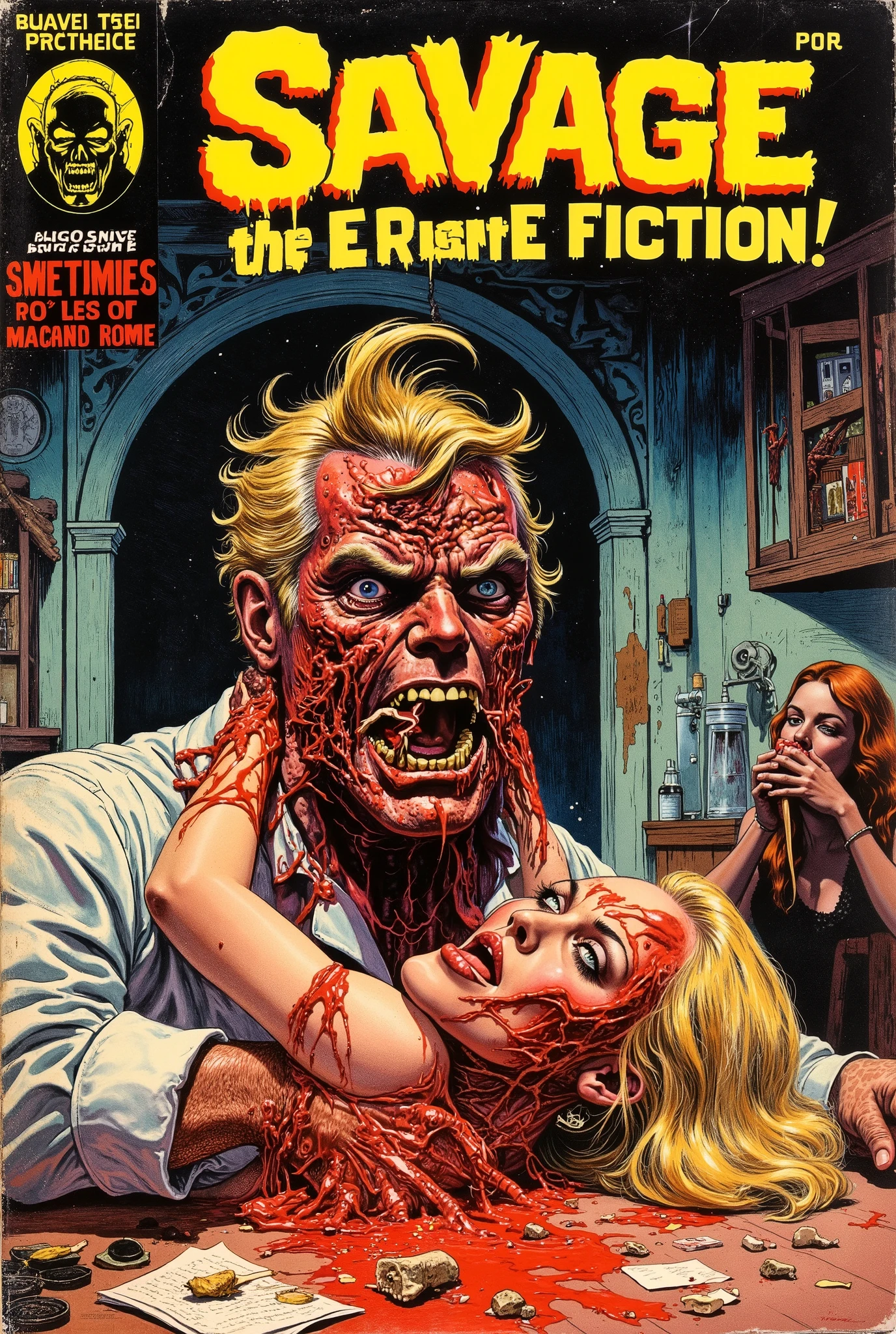 60's horror comic book, "SAVAGE SCIENCE FICTION!"man with melting face, radiation burns, sexually assaulting scared female, terrified blonde covering her mouth as she screams in fear, in secret laboratory, burning the flesh off mad scientist, sucking in his bones and entrails, lurid vivid colors, retro 60s sci-fi horror movie aesthetic, bloody, gory, scary, movie poster vibe, bold colors, detailed, erotic, NSFW, lurid and vivid colors, detailed, intricate, gouache paints, European fumetto style, Frazetta, Mort Künstler, Basil Gogos, Graham "Ghastly" Ingels, volumetric lighting, classic horror comic aesthetic, pages are worn, some rips, collector's item, show price (.25 cents) and publisher logo