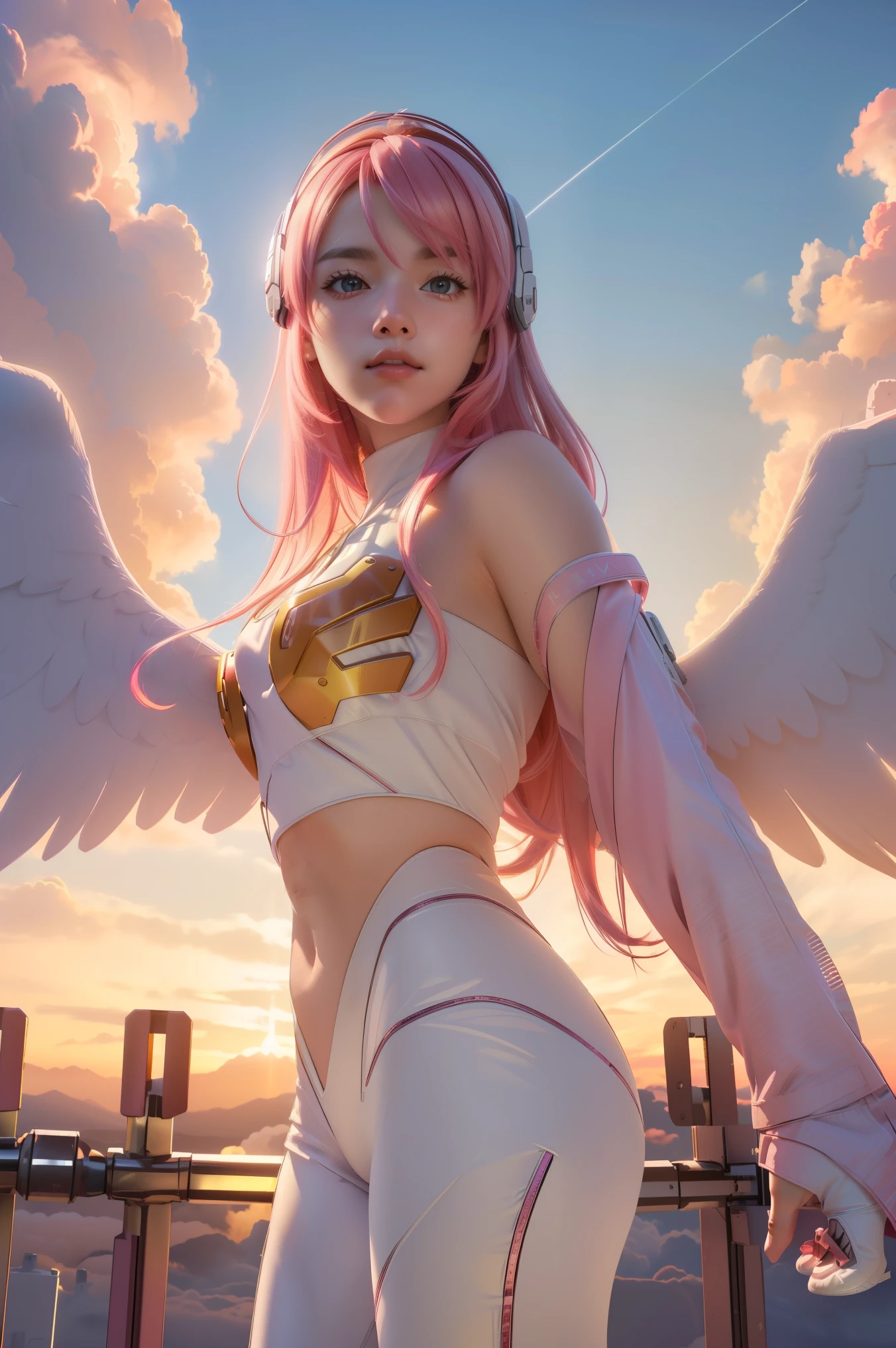 ((masterpiece, best quality, extremely detailed), volumetric lighting, ambient occlusion, colorful, glowing), 
1girl, solo, young girl, (pink hair), long hair, halo, aura, sacred, godness, cyber suit, (white outfit:1.3), android, bot, angel wings,
outdoors, sunset, sky, clouds, space, (cyberpunk theme:1.2),