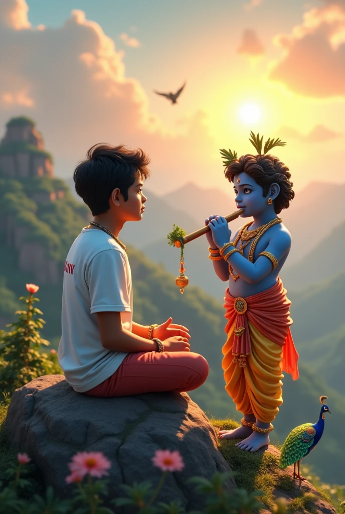 create a 3d image of 20 year old Indian devotional boy who is sitting next to krishna ji and Krishna ji playing the flute, they both sit together on the mountain,boy wearing T-shirt Name "Shubha" written on it, heaven like beautiful view background, peacock dancing,realistic image and boy is in barefoot. 