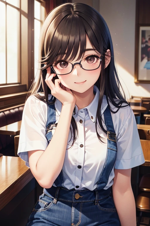 Takane Manaka, shiny brown long hair, beautiful brown eyes, smiling face, sparkling pupils, (fine grain), highly detailed eyes, highly detailed face, highly detailed eyes,, (masterpiece:1.2, best quality), 1 girl, cowboy shot,,
cowboy shot,
with dark hair, Glasses, ((Girl resting her chin on her handsv))、American restaurant in the 80s