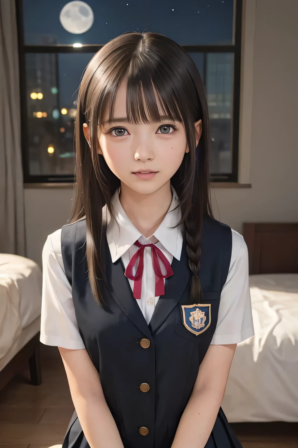 (masterpiece, Best Quality, 8K,Raw photo, High resolution:1.5), (1 girl, upper body, kneeling on the floor, Restrained girl, a girl is crying, arms behind back:1.6), (crying, sobbing, tearing, tearful, full-face blush, embarrassed, shyness), (dark background, night, indoor, moon light, bedroom, double bed:1.8), (Candid, Sophisticated, Thin arms, Narrow waist, Slim body, Slender girl:1.7), (Bokeh:1.7), (cleavage, small breasts:1.5), Beauty, (taken off shirt, Unbuttoned shirt, naked open shirt, vest, school uniform vest with red ribbon, short sleeve shirt, Pleated miniskirt, slave metal collar, chained handcuff:1.9), (short two braids hair, black eyes:1.8), (forehead:1.2), japanese