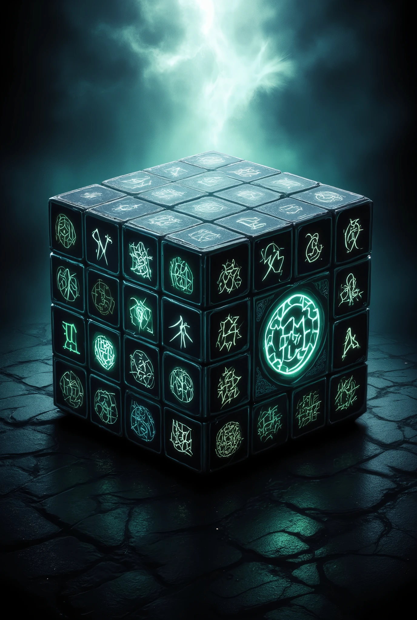 A beautiful checkered cube , on each cell is an image, different runes , very detailed and beautiful , Точность, high quality , fantasy style, Masterpiece , 8 k, best quality , complicated details,