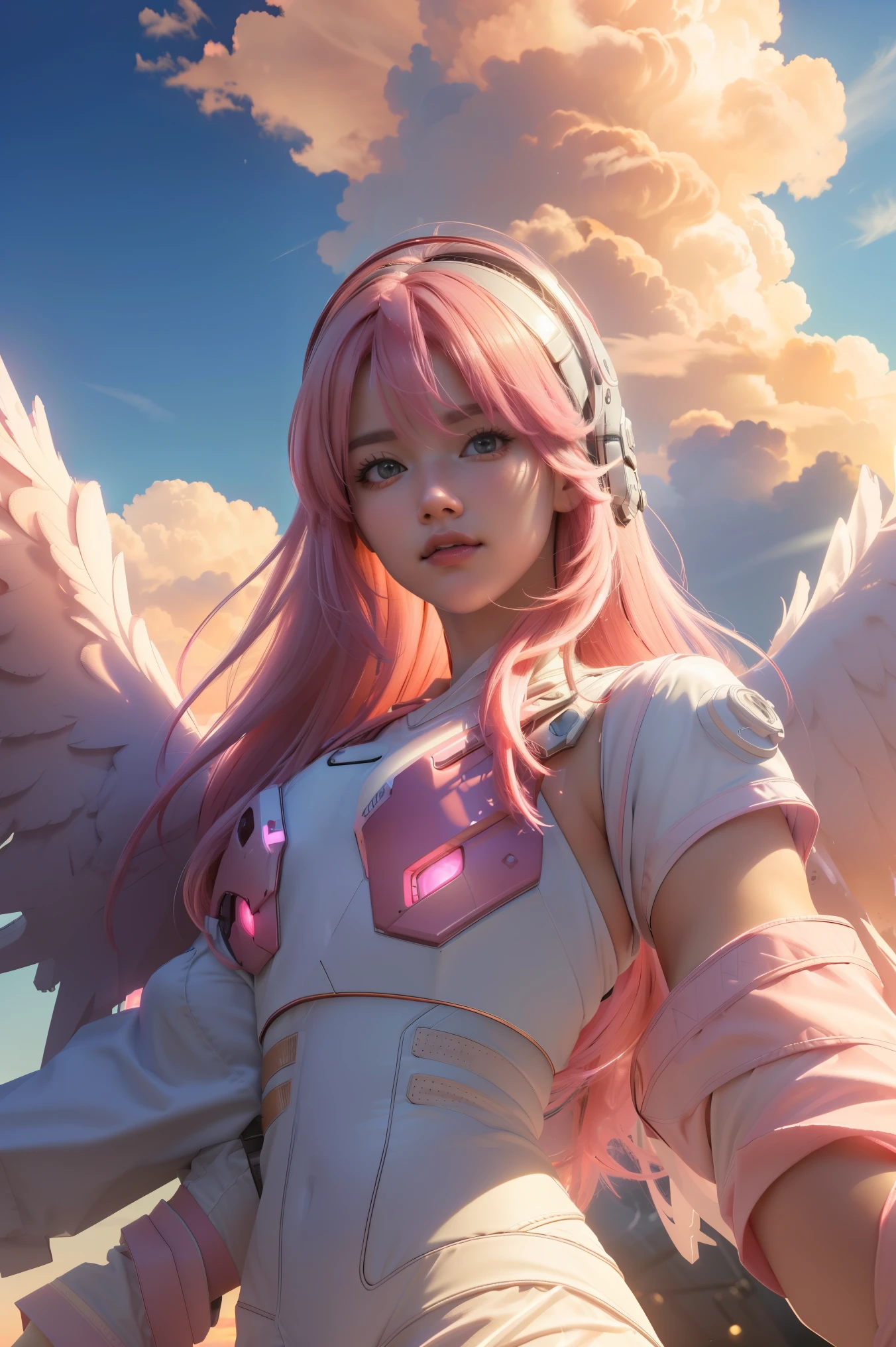 ((masterpiece, best quality, extremely detailed), volumetric lighting, ambient occlusion, colorful, glowing), 
1girl, solo, young girl, (pink hair), long hair, halo, aura, sacred, godness, cyber suit, (white outfit:1.3), android, bot, angel wings,
outdoors, sunset, sky, clouds, space, (cyberpunk theme:1.2),