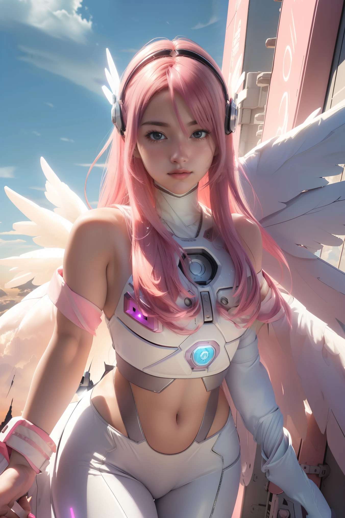((masterpiece, best quality, extremely detailed), volumetric lighting, ambient occlusion, colorful, glowing), 
1girl, solo, young girl, (pink hair), long hair, halo, aura, sacred, godness, cyber suit, (white outfit:1.3), android, bot, angel wings,
outdoors, sunset, sky, clouds, space, (cyberpunk theme:1.2),