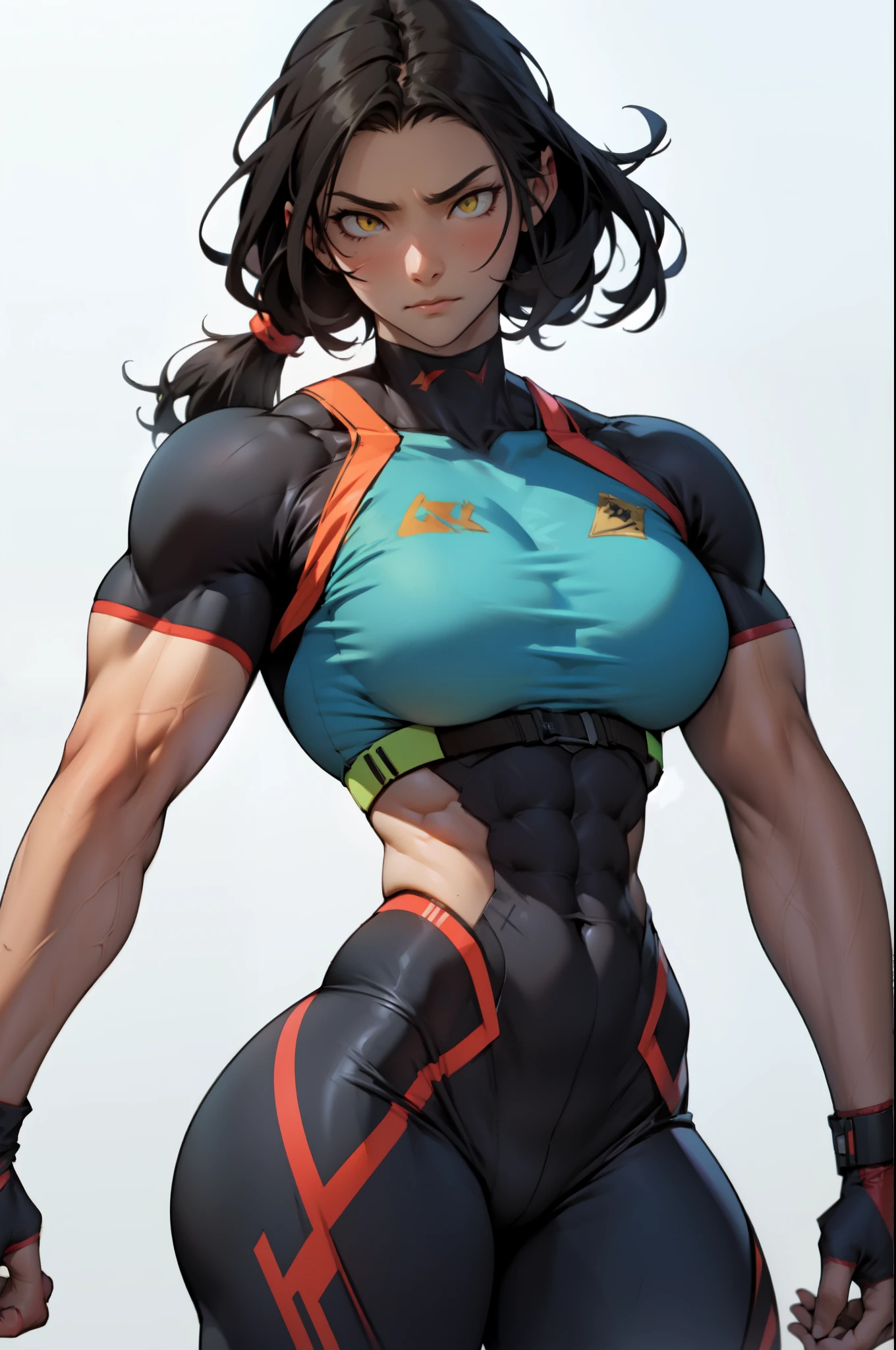 muscle breasts thighs girl pale skin black hair yellow eyes frown