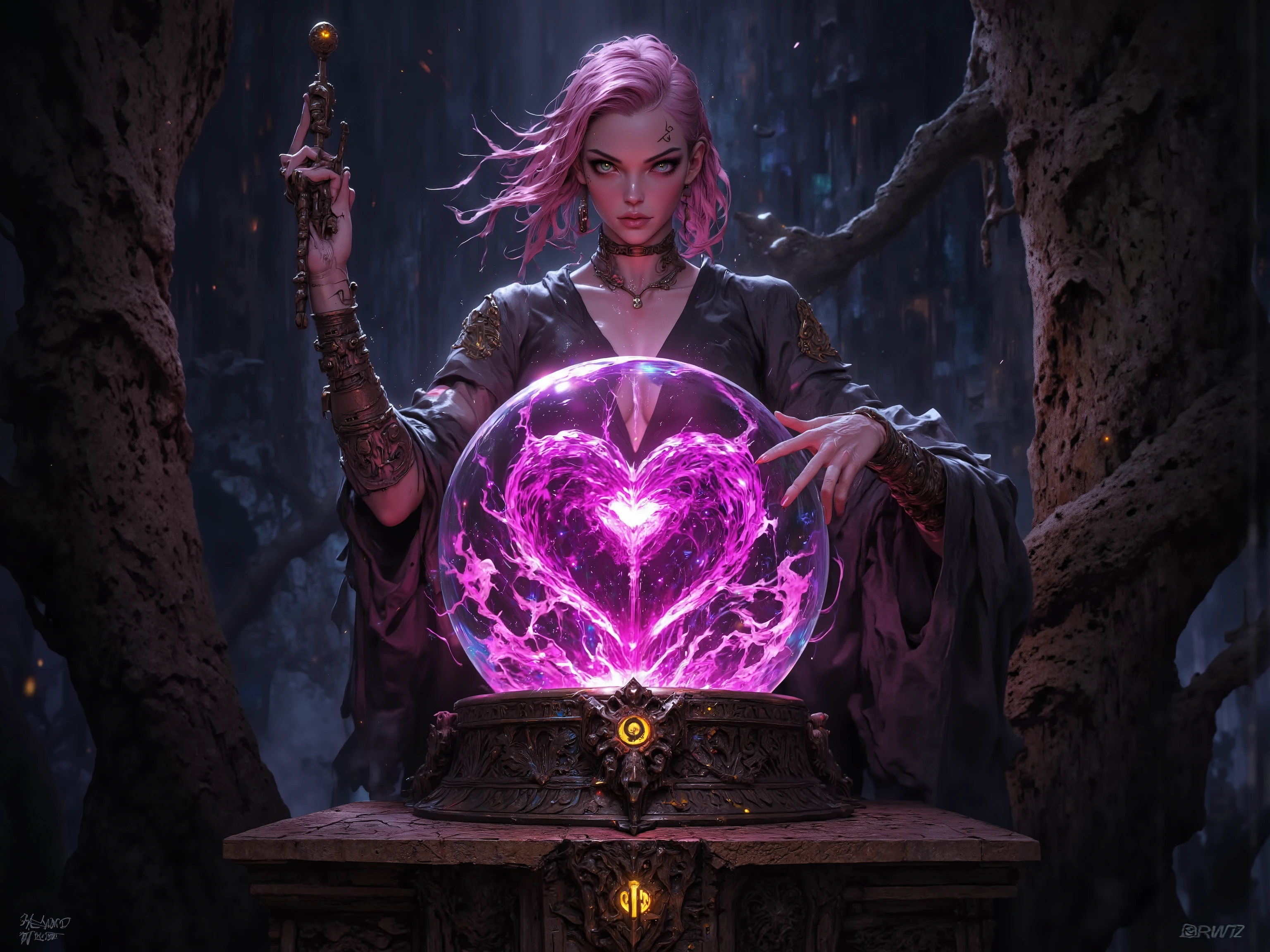 A hyper-realistic shot of a crystal ball, resting on a small weathered blackened pedestal, the pedestal is carved with intricate runes, glowing faintly in amber
BREAK inside the crystal ball, an ethereal pink heart, electricity appears to shock the heart from the edges of the crystal ball, swirling smoke patterns fill the bottom of the crystal ball
BREAK
A young woman stands behind the crystal ball, full body, short pink hair, detailed face, green eyes, intricate necklace, in a sorceress robe, low-cut, sleeveless, no shirt, no bra, small breasts, side boob visible, detailed hands, hands on the crystal ball, arm tattoos, finger tattoos
BREAK
In the background, hyperdetailed textures, dramatic lighting, low rolling fog, intense highlights, deep shadowy contrasts, powerful, moody atmosphere, in a spooky forest