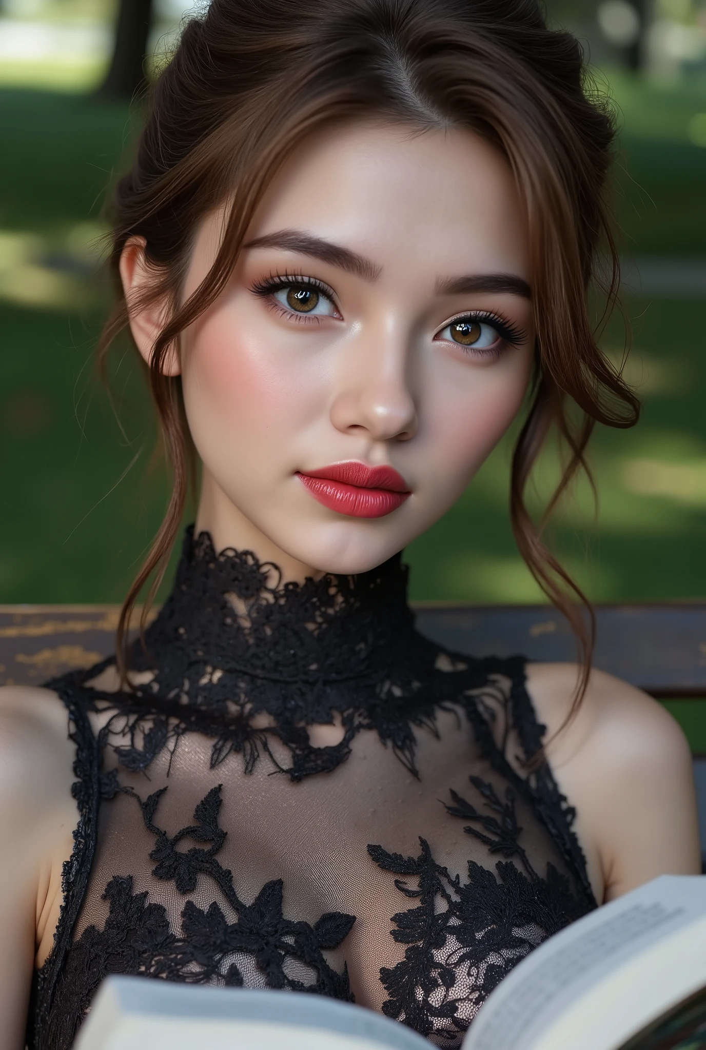Realistic ((Photorealistic realism)), Hyper high resolution, ((Hyper insanel quality, epice masterciece, intricately detailed digital art)),((focus on extremely Realistic Proportion Body:1.3),"Portrait of {a woman, wearing a dress, sits on a park bench, reading a book}."side view,
(ultra realistic texture details: velvety skin, hair), ((sharp focus, no blurry eyes, Hyper absurd quality, Hyper details, Hyper realistic brown_eyes:1.4)),((extra narrow eyebrows)),(Carefully draw Long blue_mascara:1.12),(perfect round eyes), (finely detailed pupils, (extremely fine details pupils)), detailed lips:1.3, (apply glossy red_lipstick:1.23), (perfect proportions:1.2), ((White tight Dress made of lace fishnet:1.22), (Dolce & Gabbana, Floral style:1.23)), (elegant fashion, intricate details:1.2), ((clothes made of silk and flower), (Wearing tight fitting dresses)), ((Ruffled Black Gothic Skirt) (Intricately details multi-layer, lace with fishnets:1.25), (golden lace-up:1.33)), dslr, high quality split lighting, sharp focus captured by Fujifilm XT3, f 5.6,(perfect composition),((look at the viewer)), HDR, UHD, studio lighting, physically-based rendering, vivid colors,