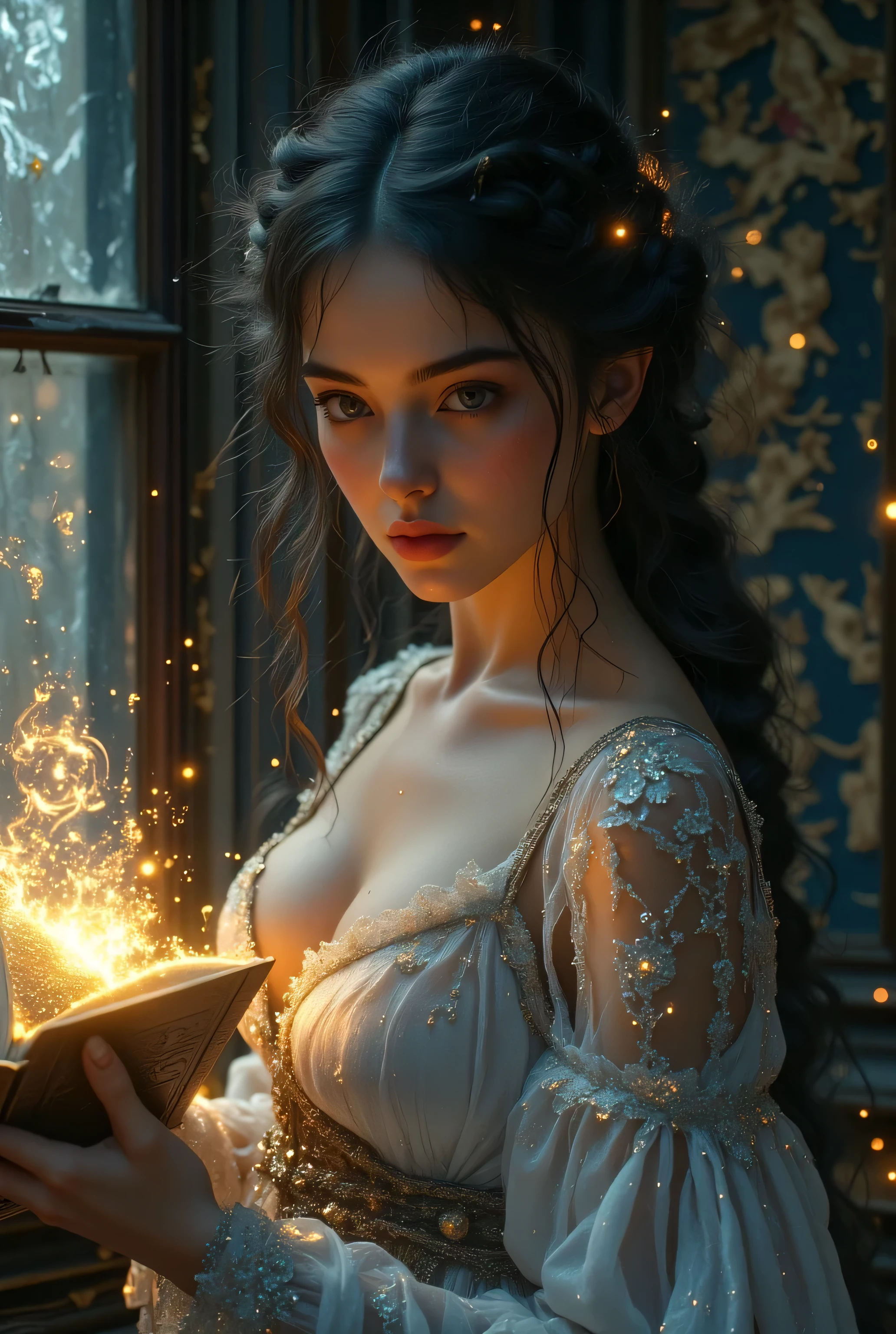 A beautiful young woman with deep-set eyes, dark, frazzled hair in a long messy braid, European, holding a chandelier, and looking at the window, wearing an early 1900s English nightgown, dim lights, old wall with torn wallpaper background, sharp, saturated chiaroscuro, dim, atmospheric lighting. 