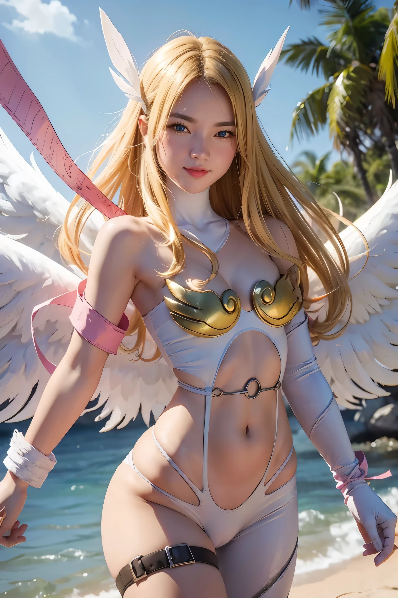 angewomon, ((blonde hair)), long hair, angel wings,blue eyes, bare shoulders, elbow gloves, feathered wings, gloves, navel, pink ribbon, ribbon, single elbow glove, single glove, thigh strap, wings, sexy, sexy body, laugh,masterpiece, best quality, in detail,cute, (split), whole body, Best image quality、masterpiece、8k、Anime Face、A kind smile、 beautiful body 、Cowboy Shot,sexy、Very detailed、highest quality