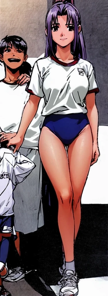 Momoko Koigakubo, a tall girl with beautiful legs, is standing with a smile on her face in a white gym uniform and light navy blue bloomers that look like panties.。Oblique angle。
