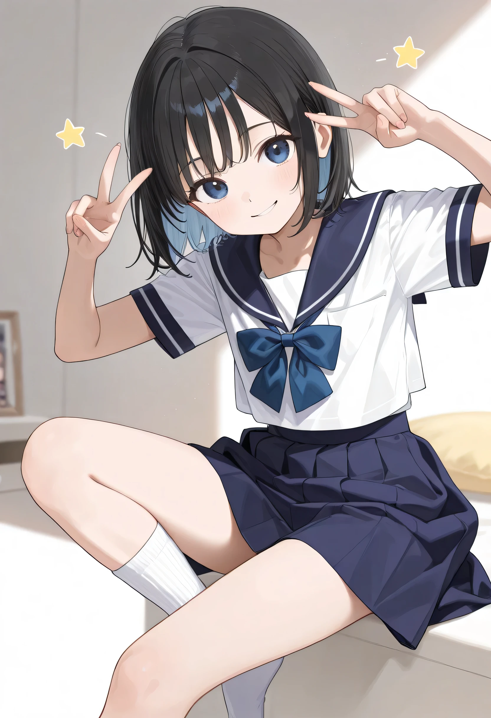 A picture of 1 young girl on a light blue backround doing peace pose. (She has very short black hair with bangs, dark blue eyes. She wears a sailor uniform with white blouse, blue skirt, white socks and blue bow. She is ite and has flat chest.)