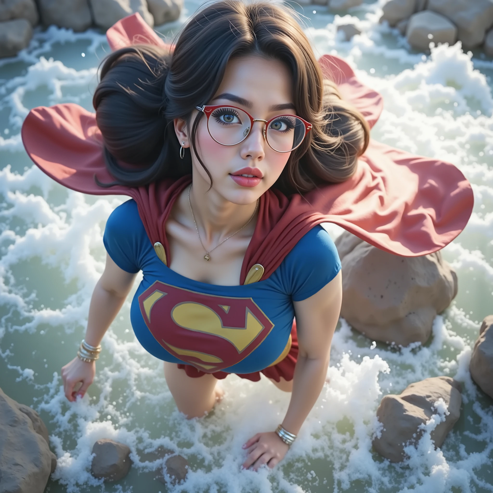 BLUE EYES, HAIR IN A BUN, RED GLASSES. A professional cosplay portrait of a young Asian woman in a stylized 1984 Supergirl costume, wearing sophisticated glasses, natural makeup with red lipstick, and styled long black hair. The costume features a blue top, pleated red skirt, yellow belt, and iconic red cape with gold 'S' emblem. Professional studio lighting, 8K resolution, photorealistic details, shot on Canon EOS R5, ultra-sharp focus, natural skin texture, soft rim lighting, subtle film grain, high dynamic range, cinematic color grading.