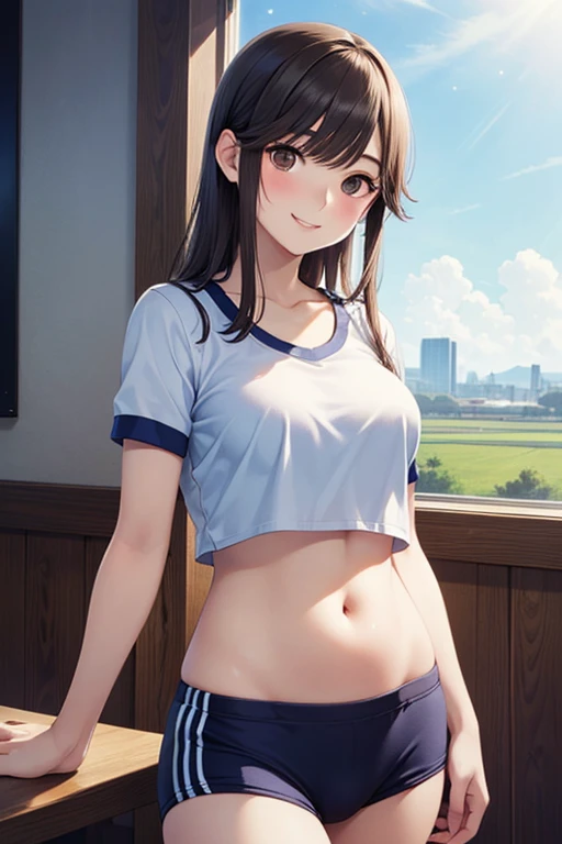 Create the image of a beautiful young Asian girl in schoolgirl clothes, her miniskirt is short and shows part of her buttocks, she is wearing a short white t-shirt that shows her belly, His body is sculptural, ela tem curvas, com cabelos longos, She is in a completely sensual pose her smile is mischievous showing her antics to her audience surreal details shadow effect light defect focus effect she is on scene in a city her skin is clear and perfect her smile is perfect rolis completely mischievous, your mouth is full and pinker than your little, nariz perfeito.