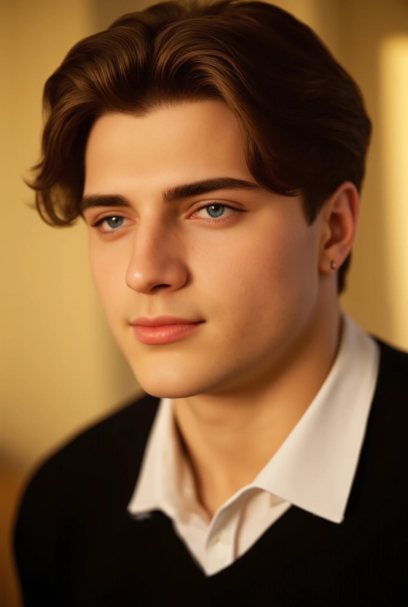 Portrait of an attractive young man with fair skin , dark brown hair slightly wavy and styled with volume . Her eyes are deep light blue , highlighted by natural sunlight . He wears a white shirt under a black sweater with a subtle design on the chest. He wears a long earring with a small triangle in his left ear . The scene takes place in a room illuminated with golden sunset light , reflecting soft shadows on his face . His expression is serious and reflective , looking to the side.