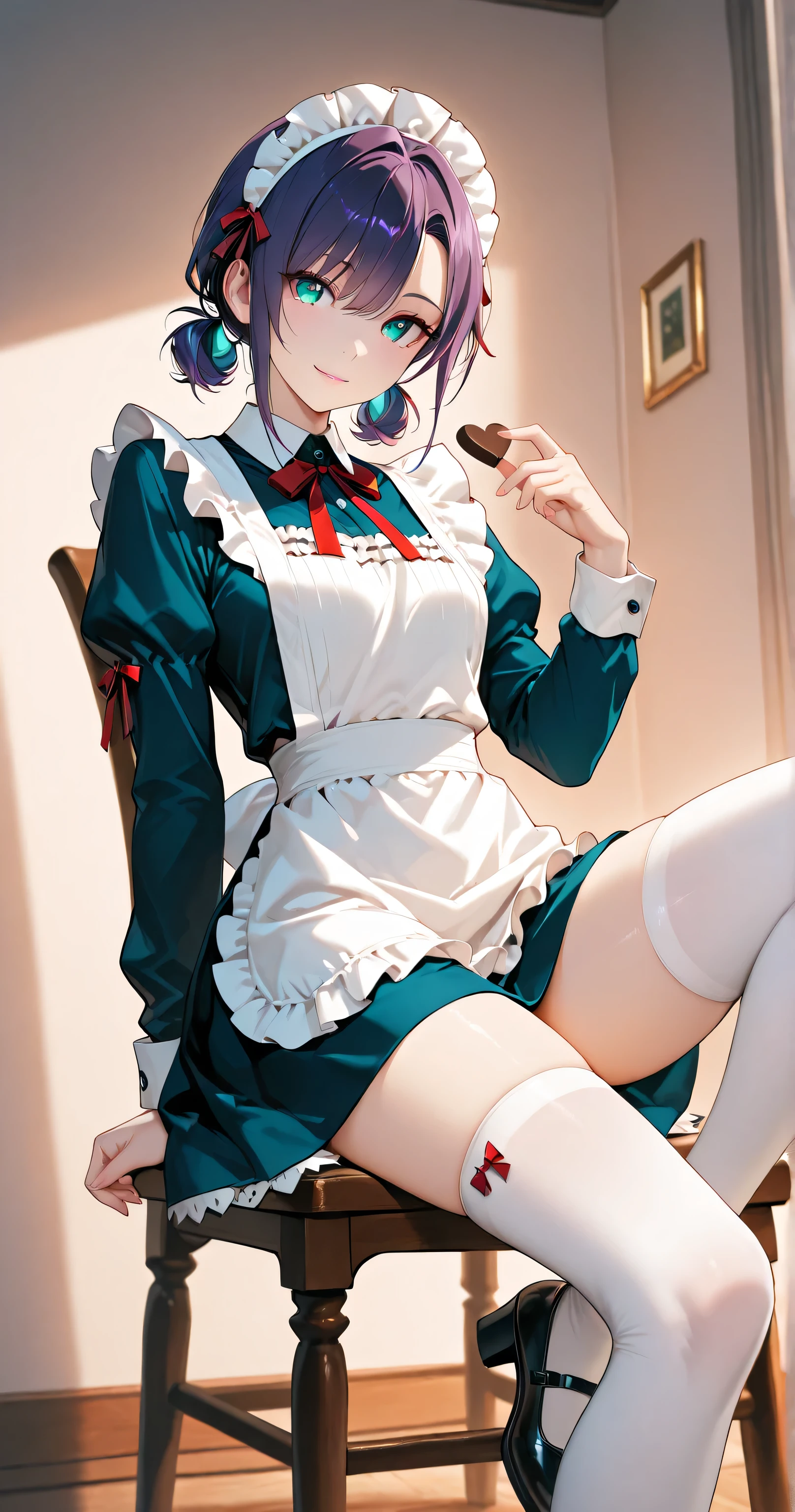 Highly detailed, masterpiece, highest quality, 8k, (HDR, ultra detailed:1.2), vivid, rich colors, deep contrast, vibrant tones, sharp focus, mysterious and mystical atmosphere, vivid details

Her portrait is depicted in a face-to-face and frontal shot, sitting on a chair and holding a heart-shaped chocolate wrapped in red paper. She is beautiful, with a perfectly proportioned seven-head body, slim and curvaceous figure, with a shapely bust and elegant legs.

She has silky smooth, gradient pale purple hair in a casual short hairstyle. She has a side undercut, asymmetrical bangs, and a slightly androgynous charm. She is a calm and introspective young woman with a gentle and kind smile. hair intakes

She wears a maid outfit: maid apron, maid headdress, short dress with frills, ribbon, white knee-high socks, and Mary Jane shoes. The hem of the skirt and the top of the socks fit snugly around her thighs (Absolute Territory).

Gazes at the viewer, poses in a heart with hands and tilts head slightly. Captivating and detailed face with captivating grace, beautiful aqua eyes, exquisite eyelashes, detailed irises and soft shading. Pink lips.

Perfect anatomy, correct fingers and hands, nice hands, flawless skin. Soft and warm cinematic lighting, best lighting, ultra detailed with a gentle glow on the skin.