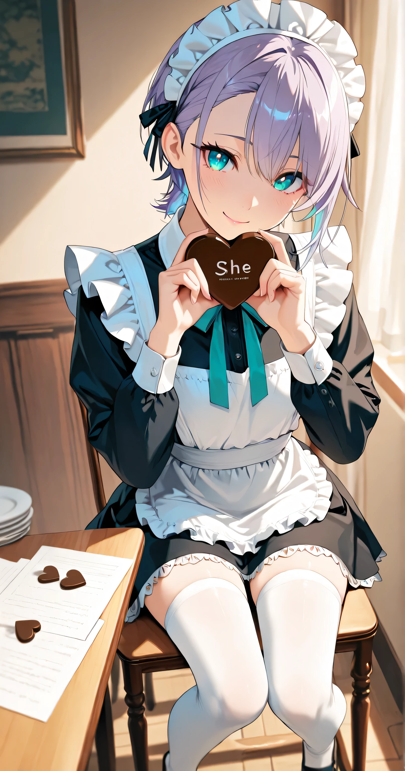 Highly detailed, masterpiece, highest quality, 8k, (HDR, ultra detailed:1.2), vivid, rich colors, deep contrast, vibrant tones, sharp focus, mysterious and mystical atmosphere, vivid details

Her portrait is depicted in a face-to-face and frontal shot, sitting on a chair and holding a heart-shaped chocolate wrapped in red paper. She is beautiful, with a perfectly proportioned 7.5-head body, slim and curvaceous figure, with a shapely bust and elegant legs.

She has silky smooth, gradient light purple hair in a soft, smooth, casual short hairstyle. She has a side undercut, asymmetrical bangs, and a slightly androgynous charm. She is a calm, introspective young woman with a gentle and kind smile.

She is wearing a maid outfit: maid apron, maid headdress, short dress with frills, ribbon, white knee-high socks, and Mary Jane shoes. The hem of the skirt and the top of the socks fit snugly around her thighs (zettai ryouiki).

Gazes at the viewer, poses in a heart with hands and tilts head slightly. Captivating and detailed face with captivating grace, beautiful aqua eyes, exquisite eyelashes, detailed irises and soft shading. Pink lips.

Perfect anatomy, correct fingers and hands, nice hands, flawless skin. Soft and warm cinematic lighting, best lighting, ultra detailed with a gentle glow on the skin.