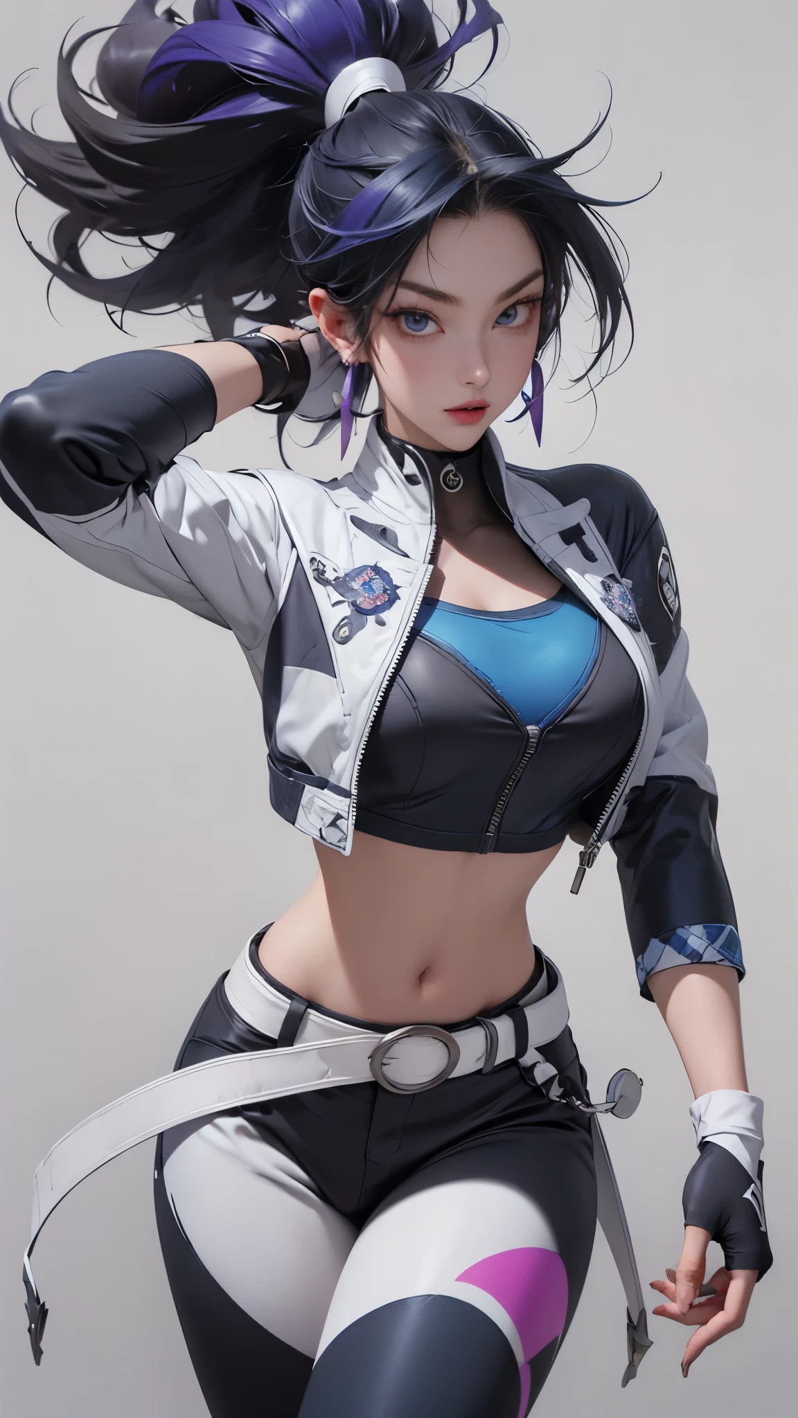 sky, field, grass, (((kda all out akali))), akali, k/da \(league of legends\), cowboy shot, high detailed, 8k, highres, 1girl, multicolored hair, two-tone hair, high ponytail, blue eyes, black hair, blonde hair, short hair, lips, eyeshadow, makeup, earrings, cleavage cutout, clothing cutout, cropped jacket, open clothes, open jacket, two-tone jacket, shiny clothes, multicolored clothes, white jacket, multicolored jacket, blue sports bra, zipper, midriff, stomach, buckle, fingerless gloves, black gloves, gloves, jacket, jewelry, medium breasts, breasts, black pants, belt, shoes, solo, kunai, weapon, looking at viewer, navel