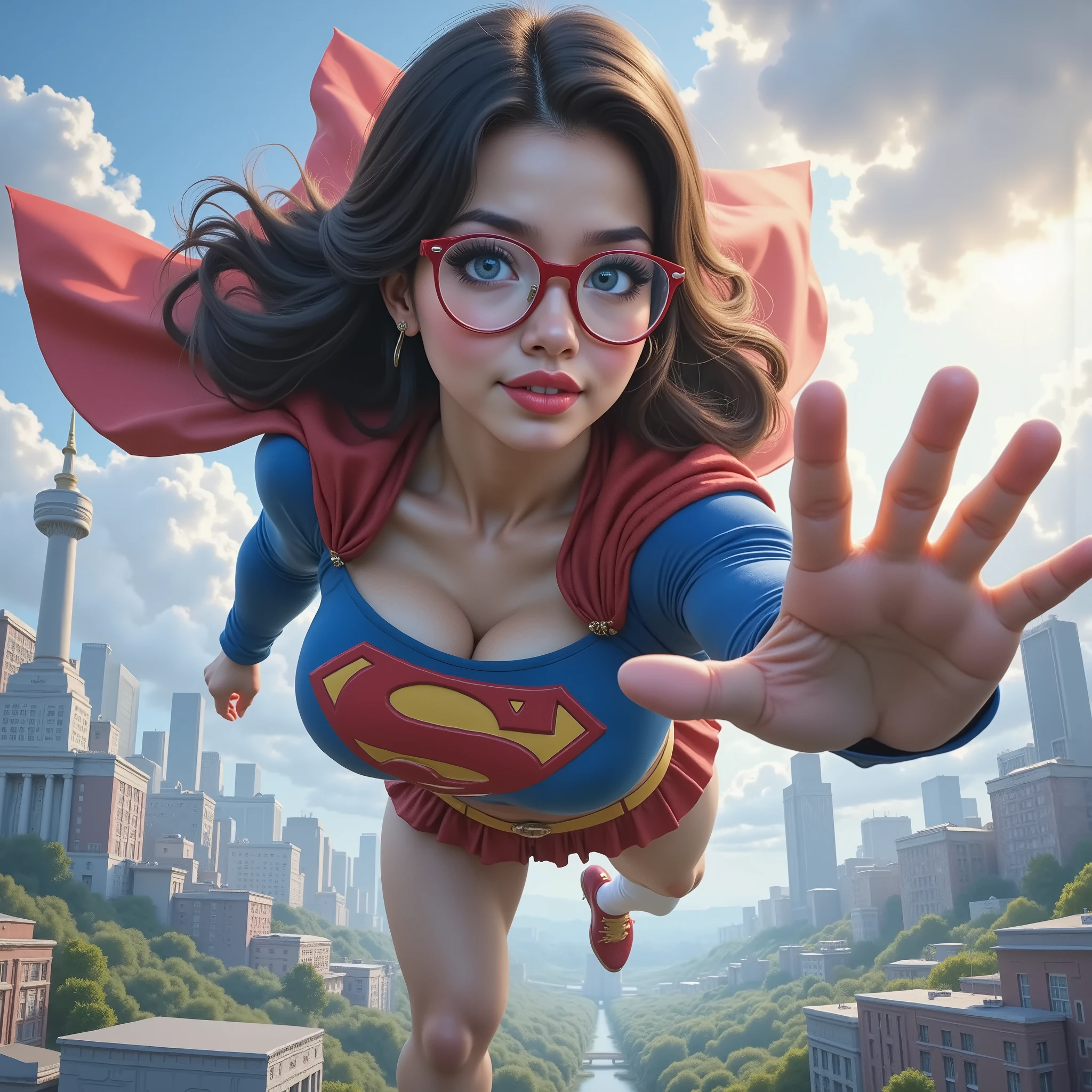 BLUE EYES, HAIR IN A BUN, RED GLASSES. A professional cosplay portrait of a young Asian woman in a stylized 1984 Supergirl costume, wearing sophisticated glasses, natural makeup with red lipstick, and styled long black hair. The costume features a blue top, pleated red skirt, yellow belt, and iconic red cape with gold 'S' emblem. Professional studio lighting, 8K resolution, photorealistic details, shot on Canon EOS R5, ultra-sharp focus, natural skin texture, soft rim lighting, subtle film grain, high dynamic range, cinematic color grading.
