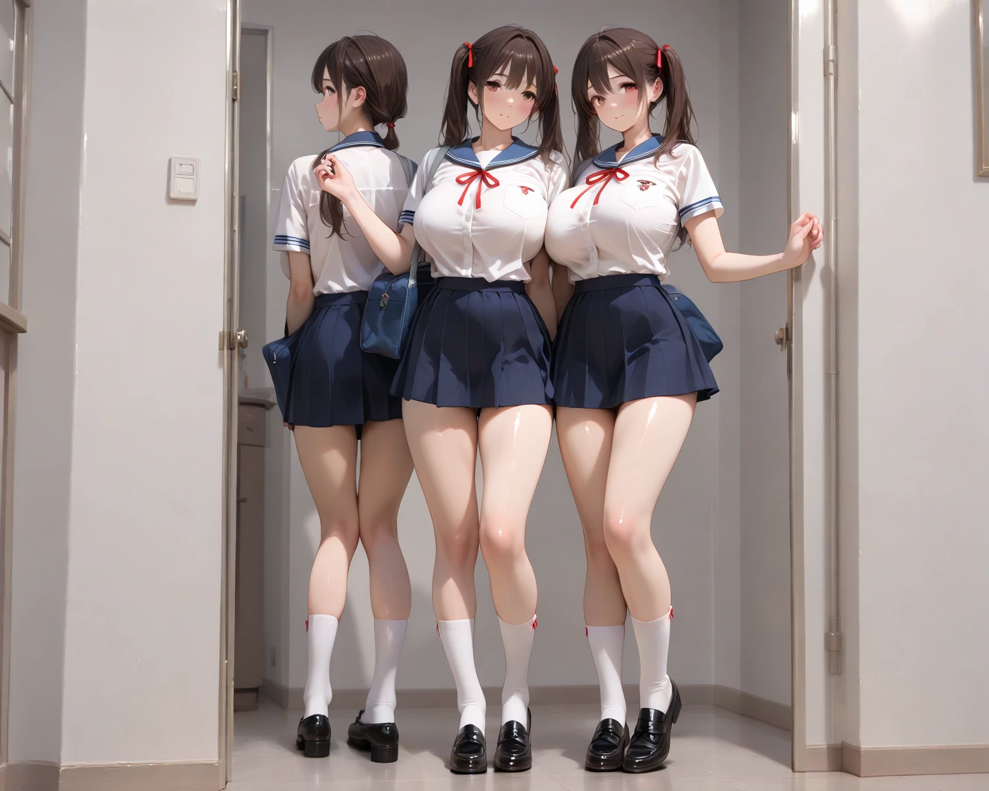 Very small breasts、All of them have their breasts fully exposed.、Bare Chest、Bare shoulders、loafers、Texture CG, ((Ultra Detailed Art)), ((masterpiece)), (Highly detailed CG),Multiple Girls,Two Girls,Harem,Are standing, ,((((uniform))),skirt ,(((赤いpleated mini skirt)))), White shirt, School Bags , Beautiful feet,From directly below, Wind power increase,((String Panties),(White sexy panties)),Long Hair, Brown Hair,curve, Beautiful attention to detail , Glowing Skin, hair ornaments, Hair Clip, Open your mouth ,A light smile, Embarrassing:1.4,