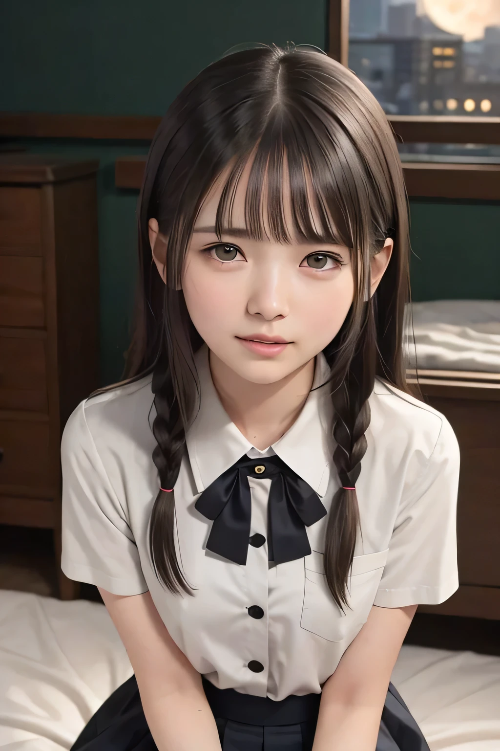 (masterpiece, Best Quality, 8K,Raw photo, High resolution:1.5), (1 girl, upper body, kneeling on the floor, Restrained girl, a girl is crying, arms behind back:1.6), (crying, sobbing, tearing, tearful, full-face blush, embarrassed, shyness), (dark background, night, indoor, moon light, bedroom, double bed:1.8), (Candid, Sophisticated, Thin arms, Narrow waist, Slim body, Slender girl:1.7), (Bokeh:1.7), (cleavage, small breasts:1.5), Beauty, (taken off shirt, Unbuttoned shirt, naked open shirt, vest, school uniform vest with red ribbon, short sleeve shirt, Pleated miniskirt, slave metal collar, chained handcuff:1.9), (short two braids hair, black eyes:1.8), (forehead:1.2), japanese