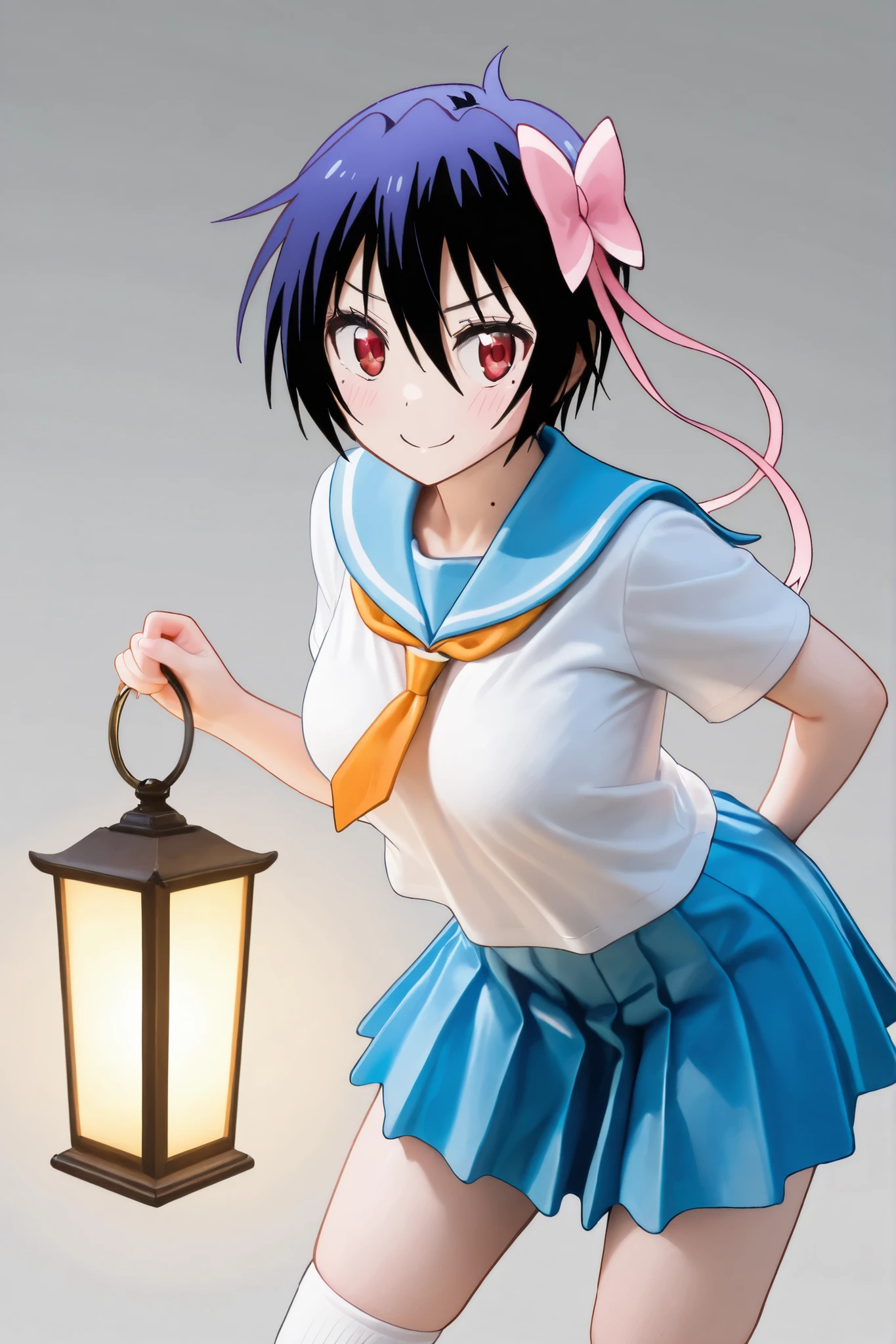 NSFW, Masterpiece, top quality, Hi-Res, very detailed,Seishirou Tsugumi\(Nisekoi\)、 short hair、 red eyes、ribbon、 Lantern、ヘアribbon、 mole、目の下の mole、青いribbon, skirt by humili、 shirt、 knee socks、uniform、clavicle、白い shirt、プリーツ skirt by humili、 tie、 sailor suit、 sailor collar、赤いribbon、青い skirt by humili、青い sailor collar
